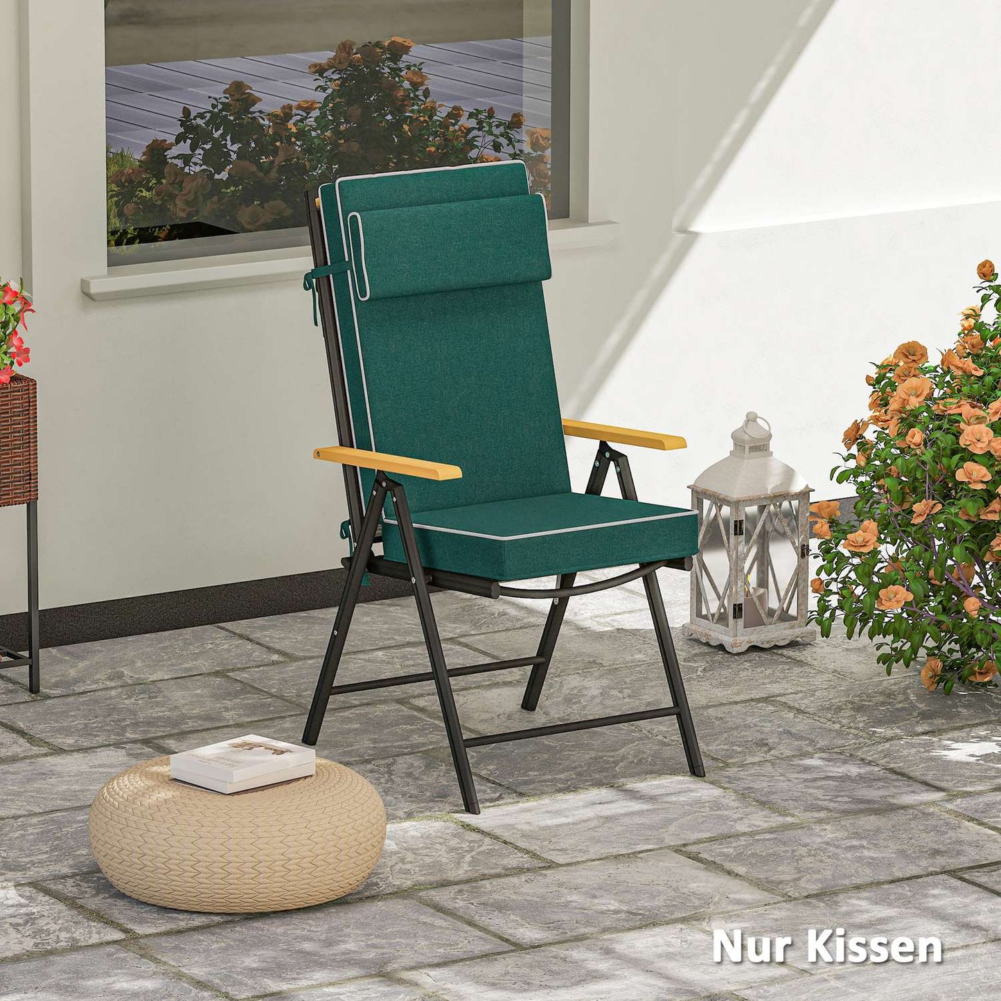 Water-repellent green seat cushion with ties - 120x47x9.5 cm