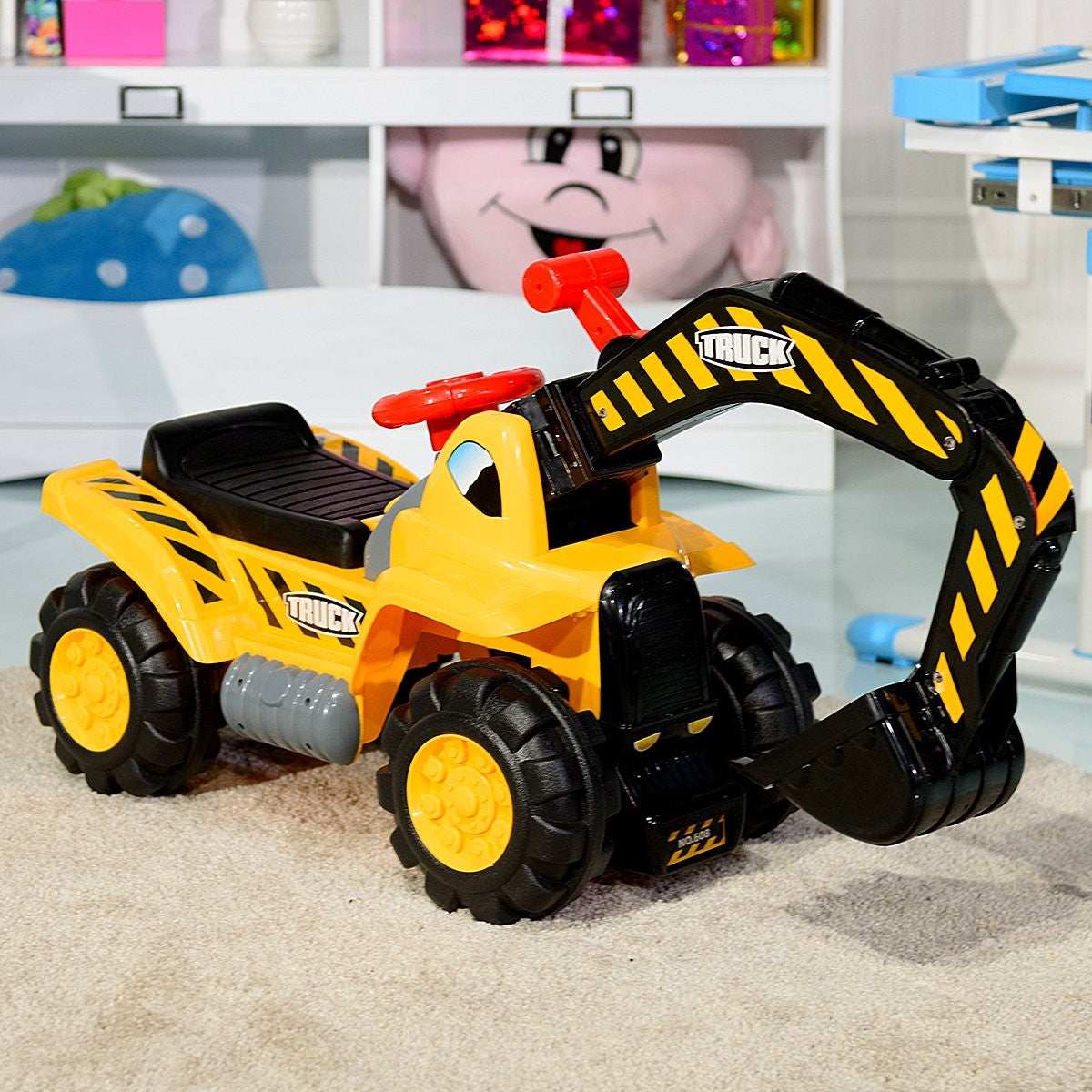 Seat excavator with built-in storage compartment & 3 stones & helmet children's excavator sand excavator ride-on yellow