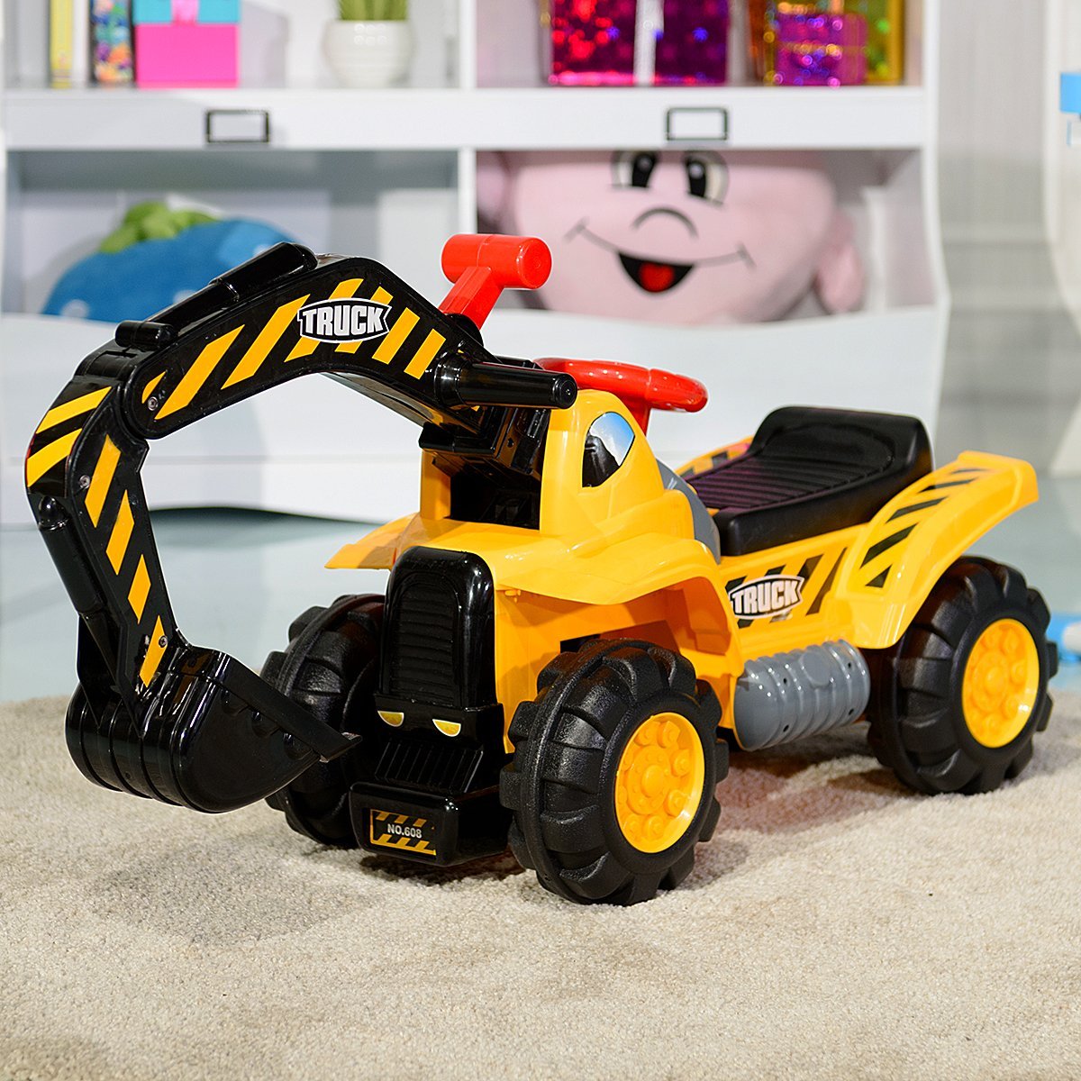 Seat excavator with built-in storage compartment & 3 stones & helmet children's excavator sand excavator ride-on yellow