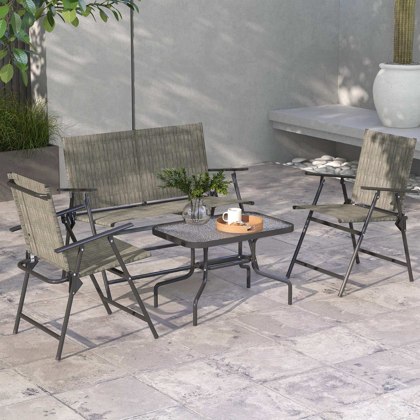 4-piece folding metal garden furniture set, brown