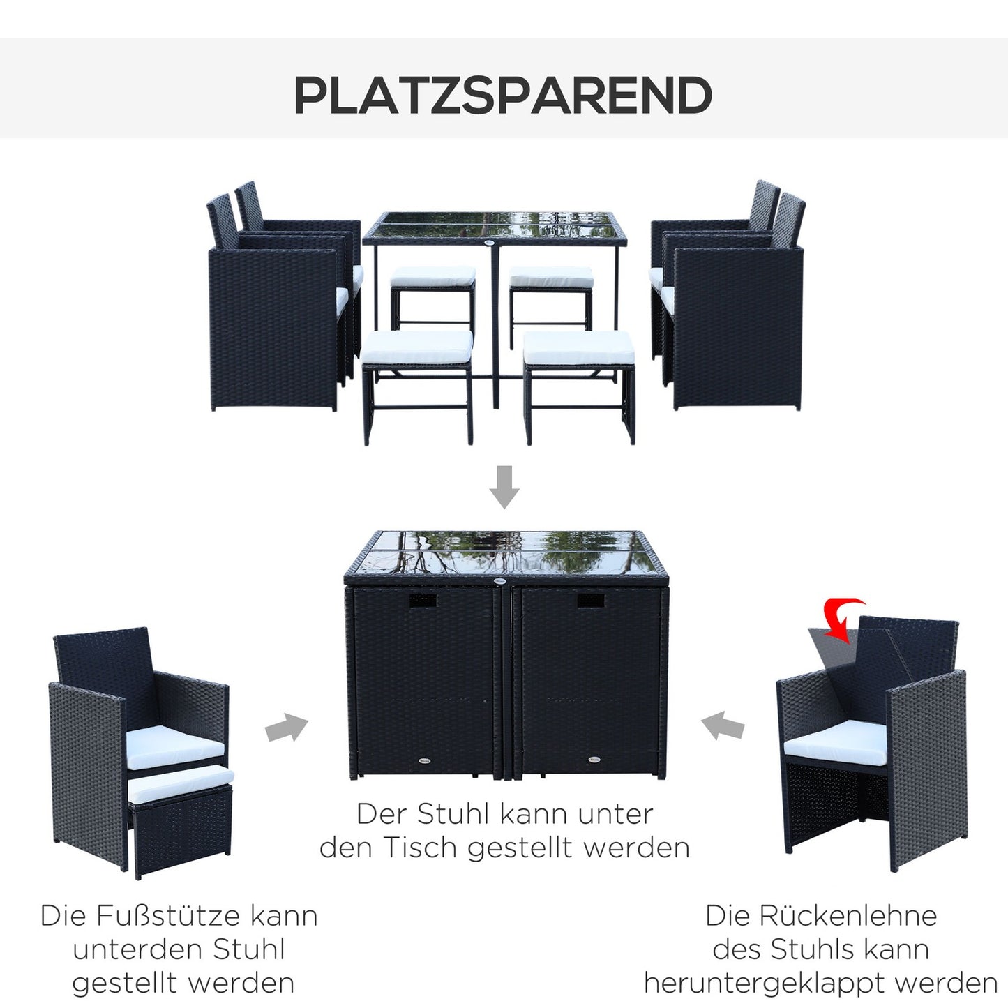 8-person black poly rattan garden seating set