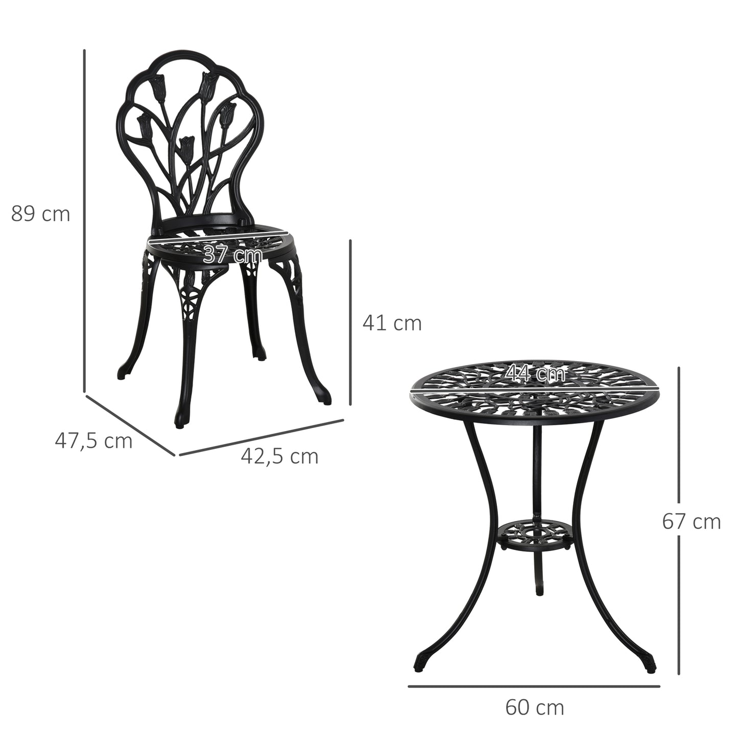 2-piece outdoor dining set, aluminum table and chairs, black