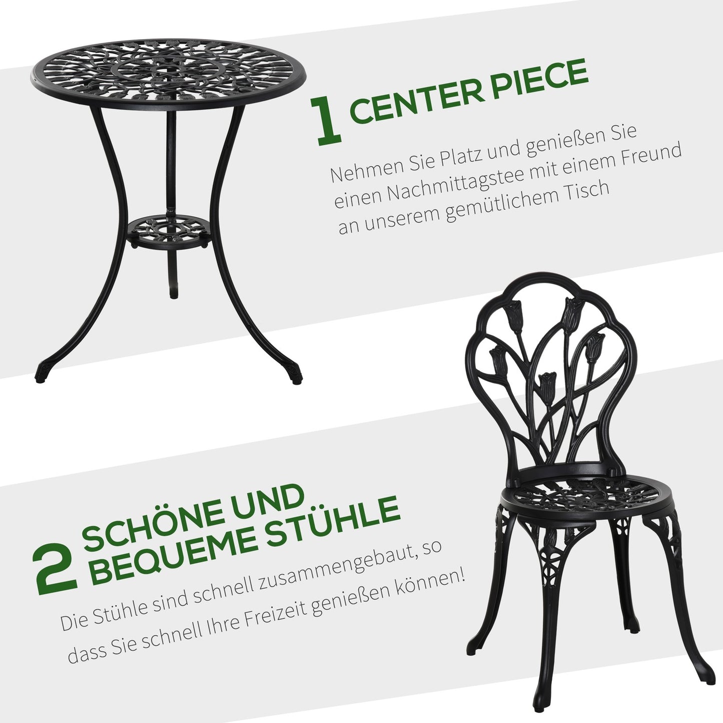 2-piece outdoor dining set, aluminum table and chairs, black