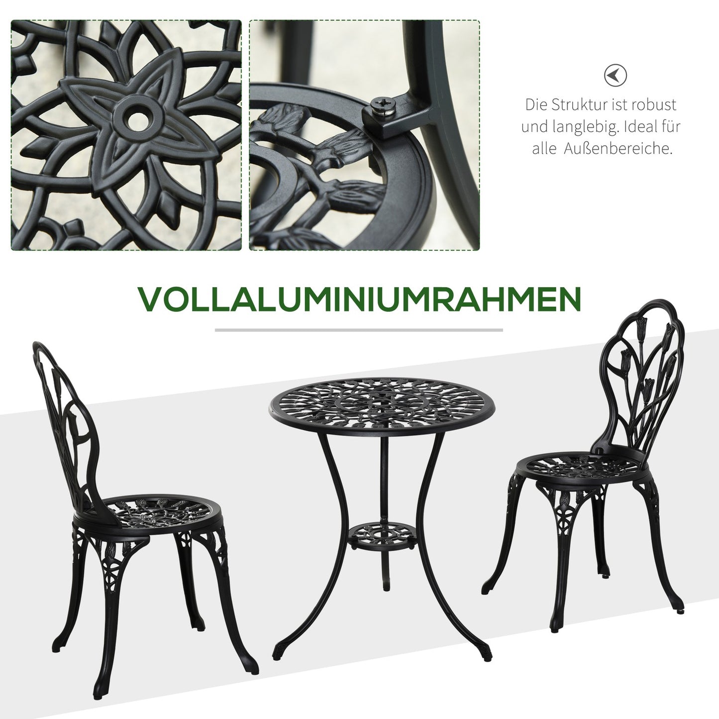 2-piece outdoor dining set, aluminum table and chairs, black