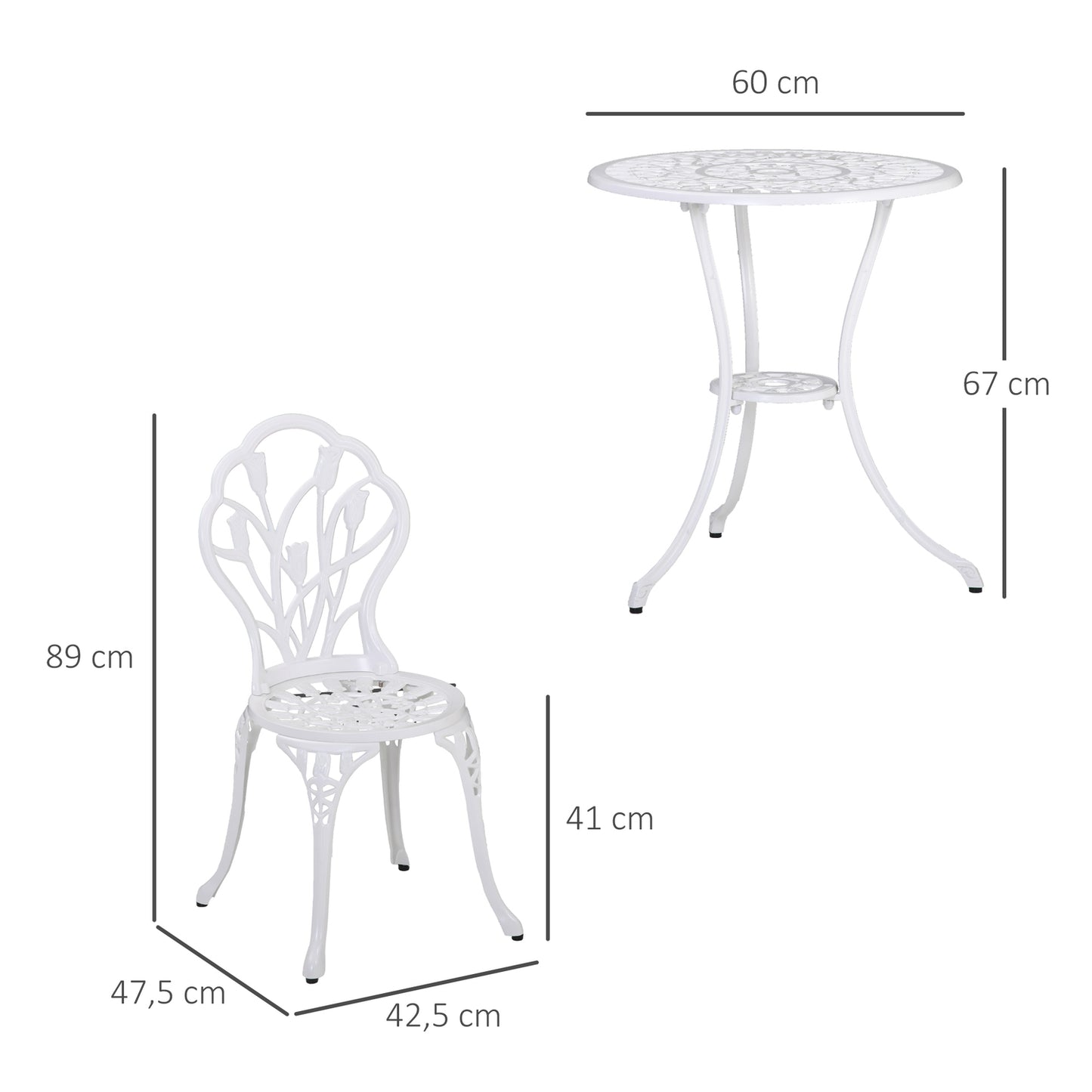 2-person aluminum dining room set with table and chairs, white
