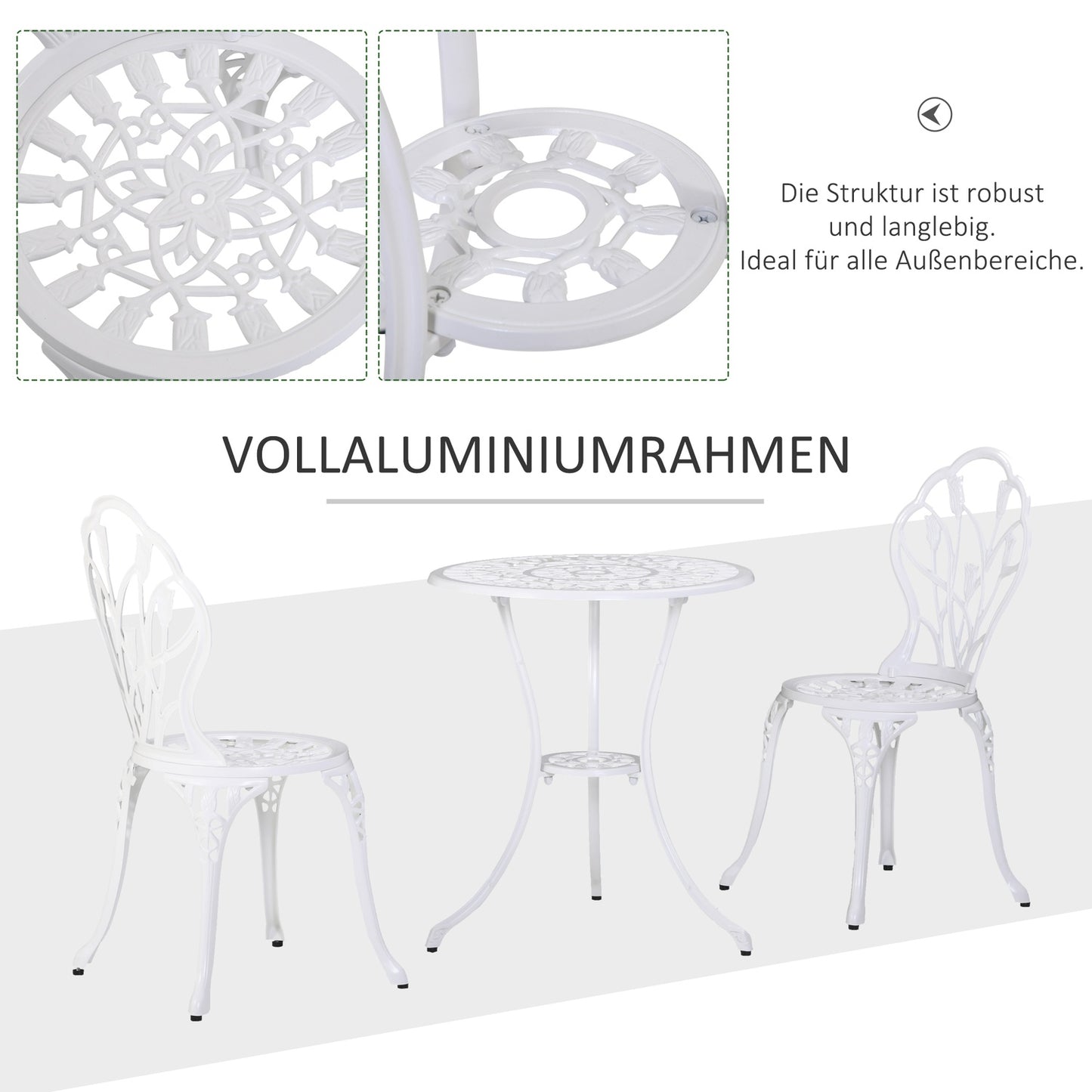 2-person aluminum dining room set with table and chairs, white