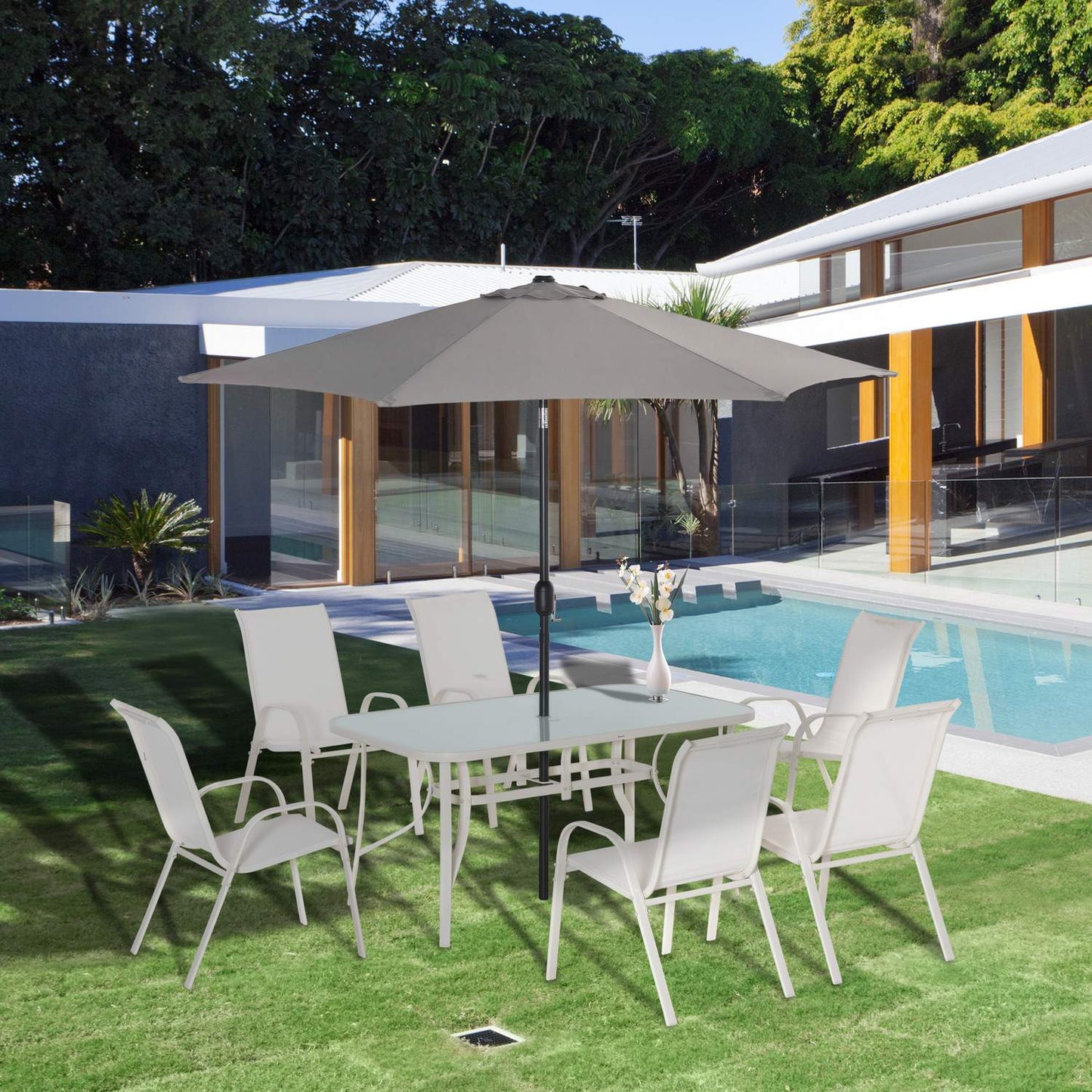 6-person dining room in aluminum with parasol