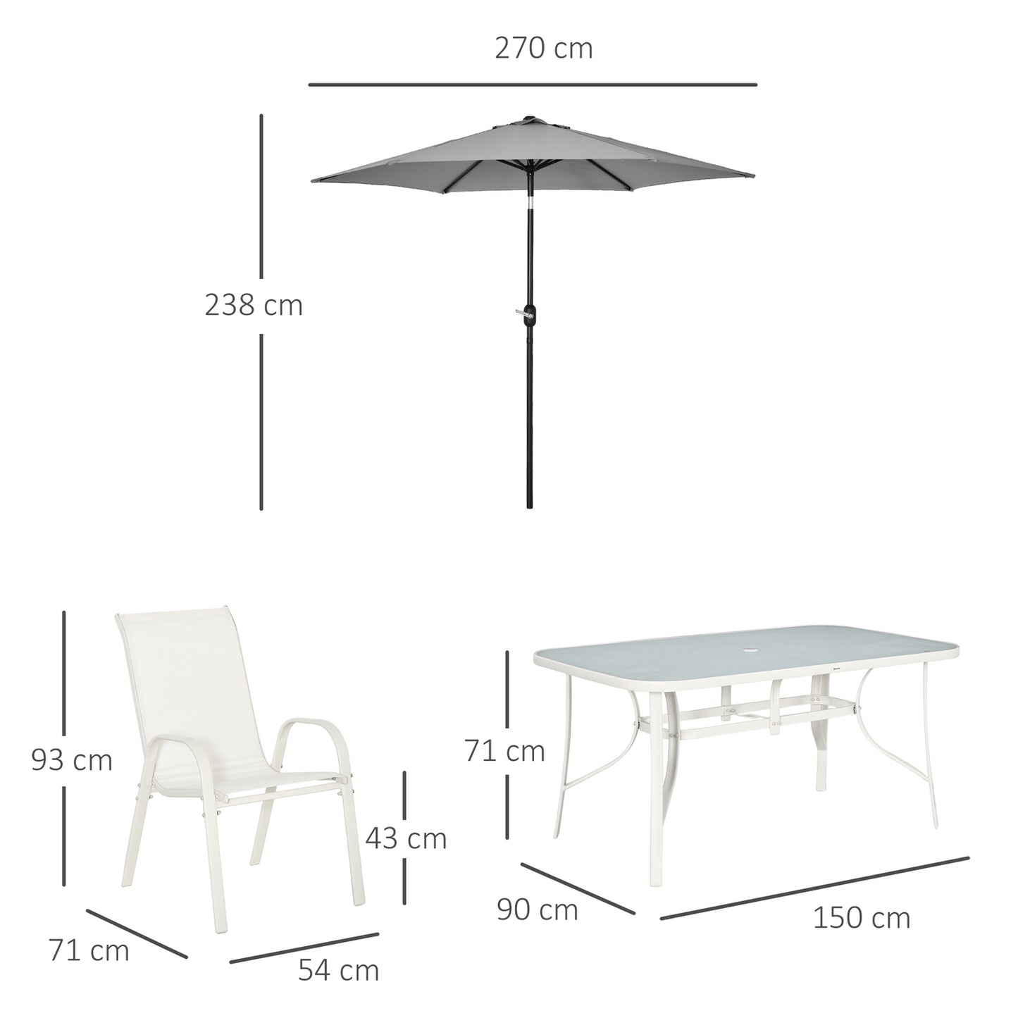 6-person dining room in aluminum with parasol