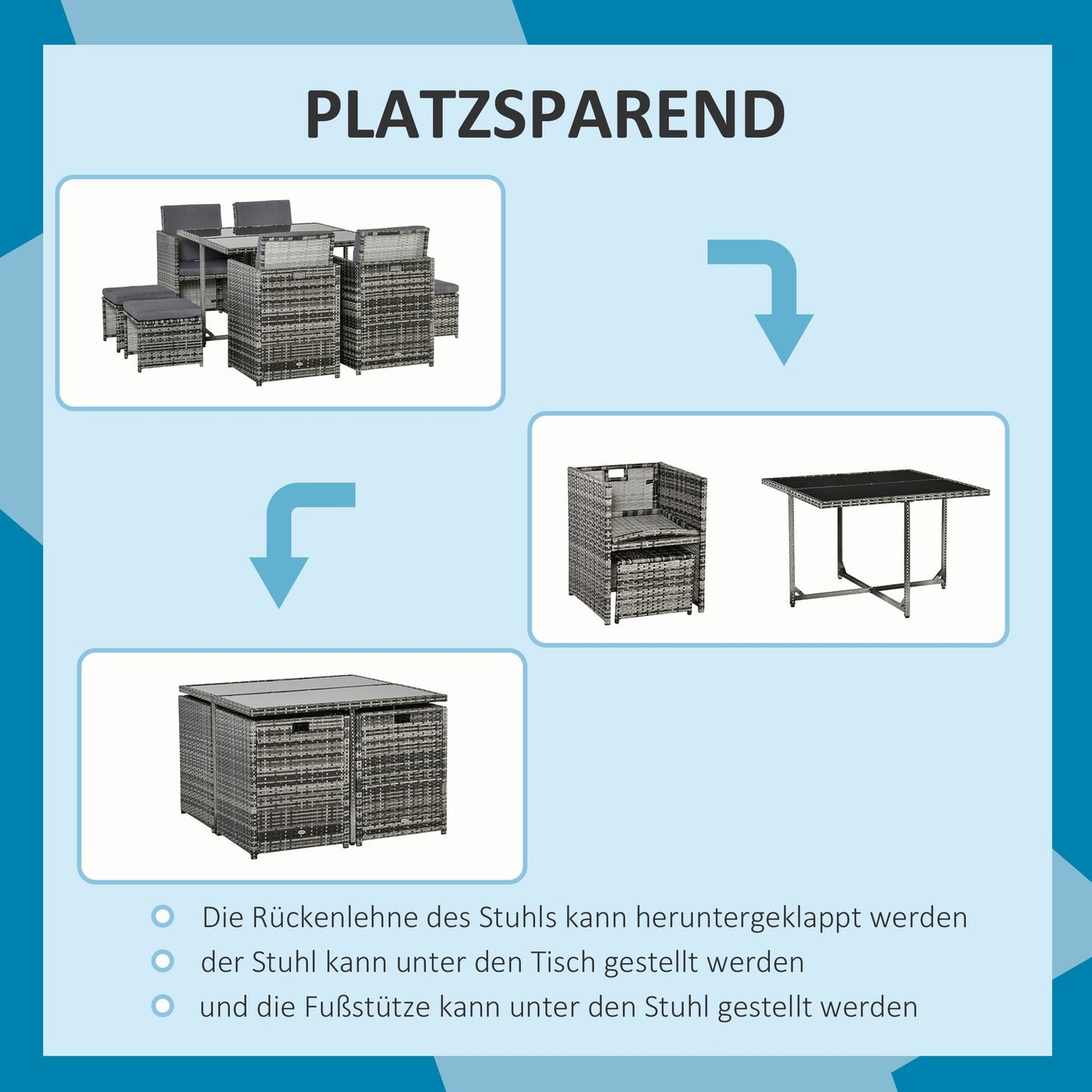 Poly rattan garden set for 8 people with gray cushions