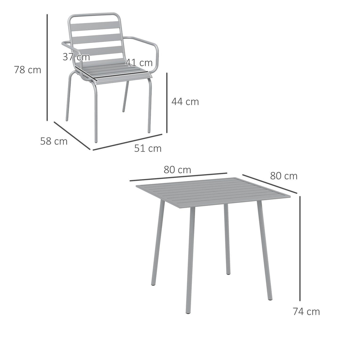 Garden furniture set - Steel dining table & 4 chairs, light grey