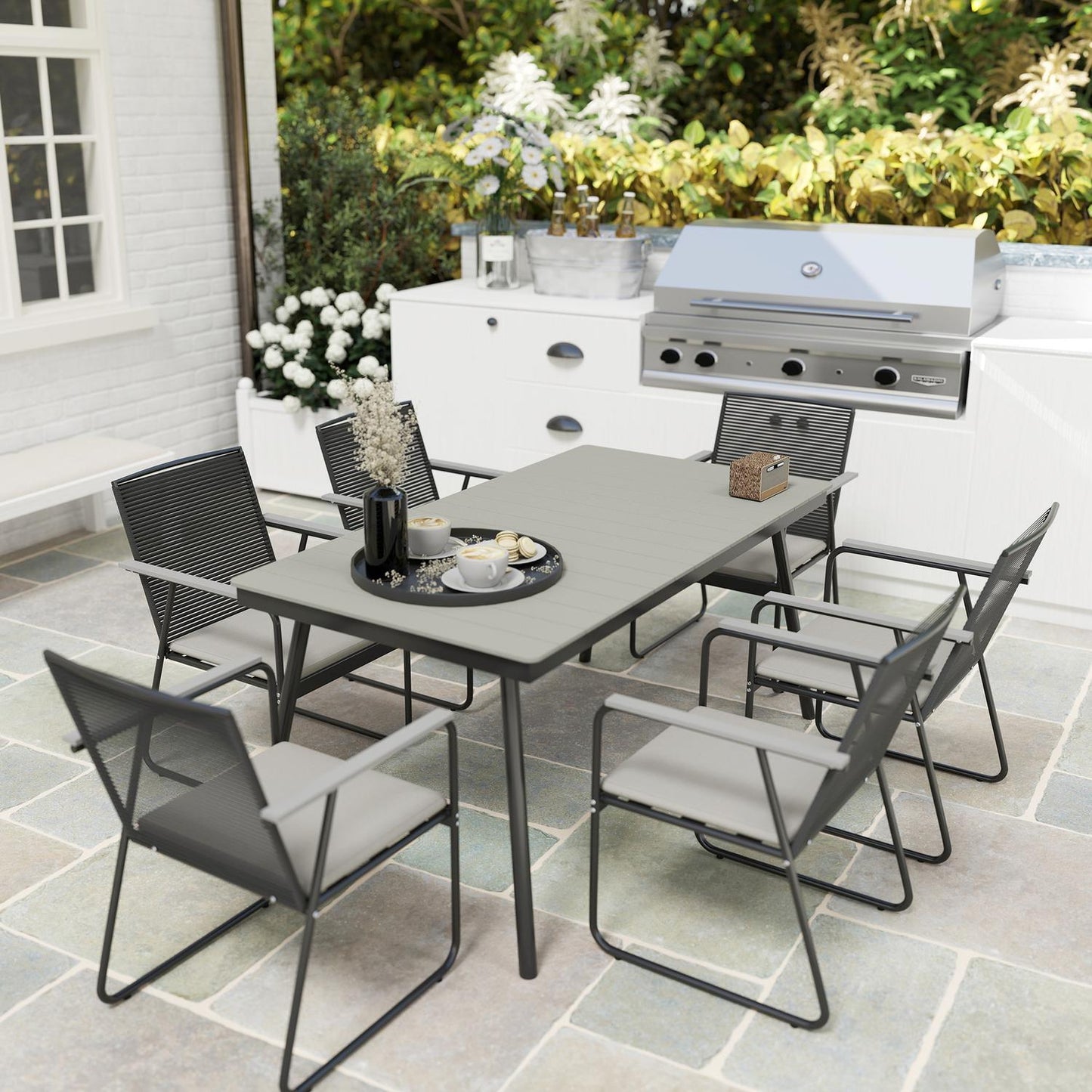 7-piece gray metal dining set for 6 - indoor/outdoor use