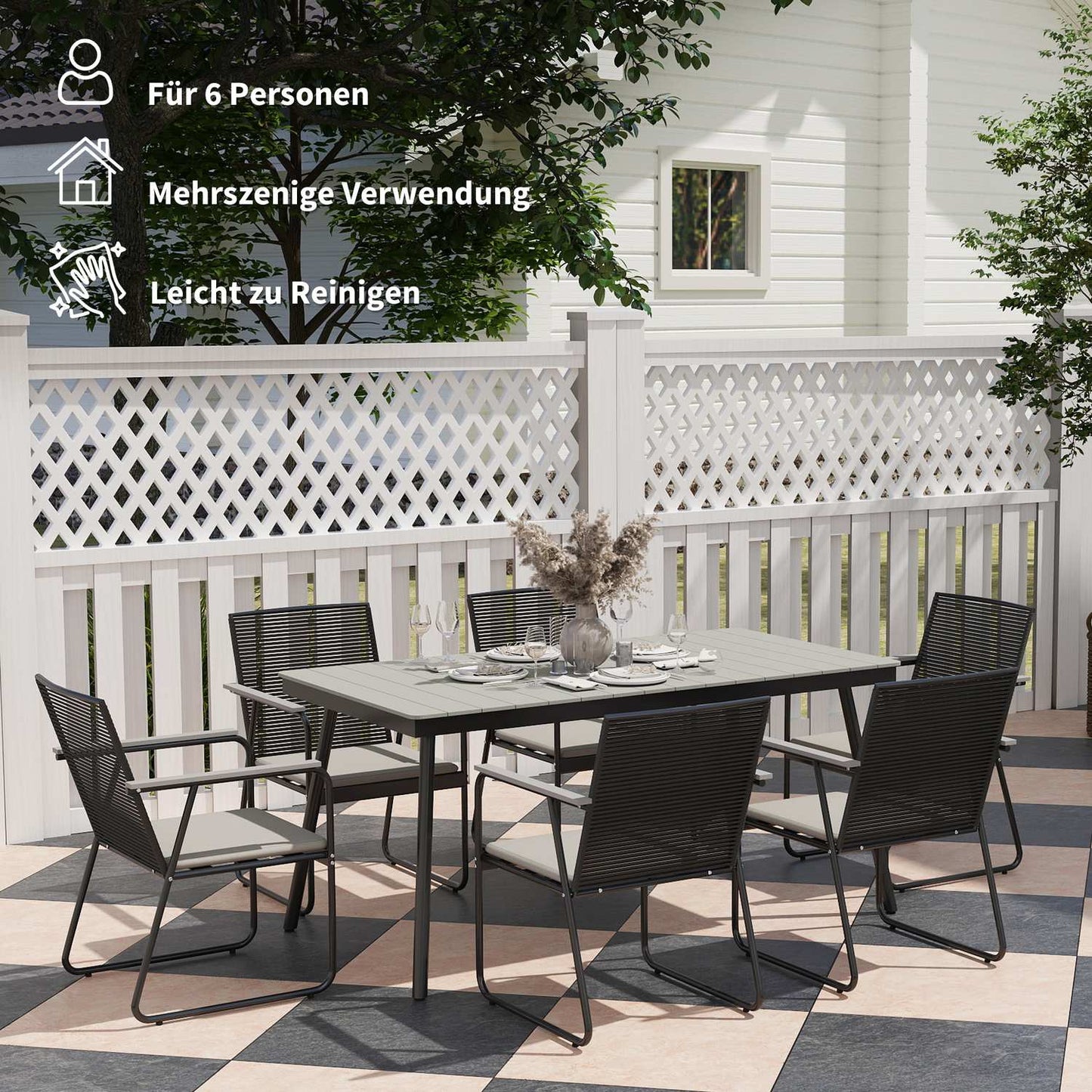 7-piece gray metal dining set for 6 - indoor/outdoor use