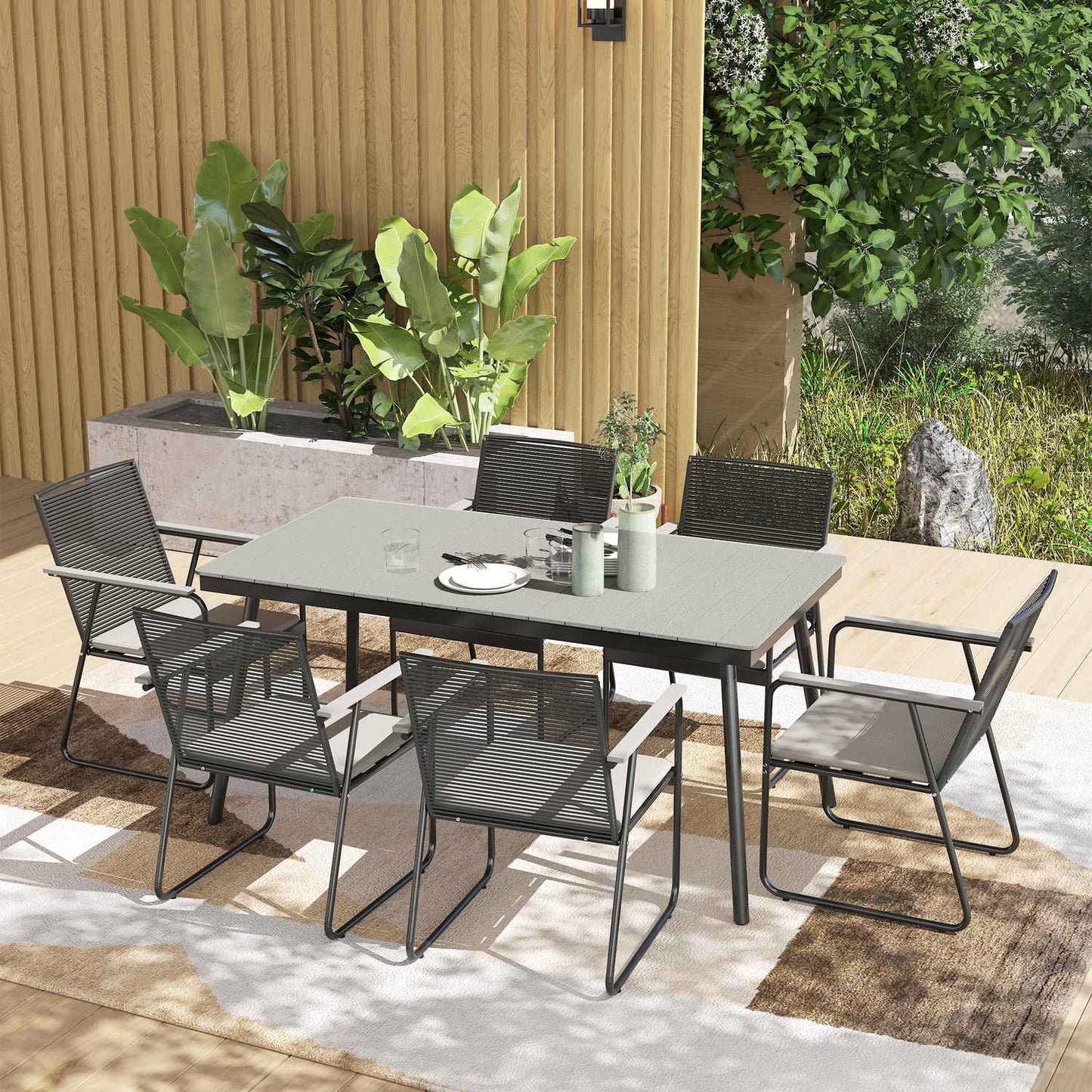 7-piece gray metal dining set for 6 - indoor/outdoor use