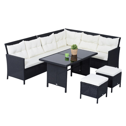 Outdoor sofa set, 7 seats, poly rattan, black/cream/white