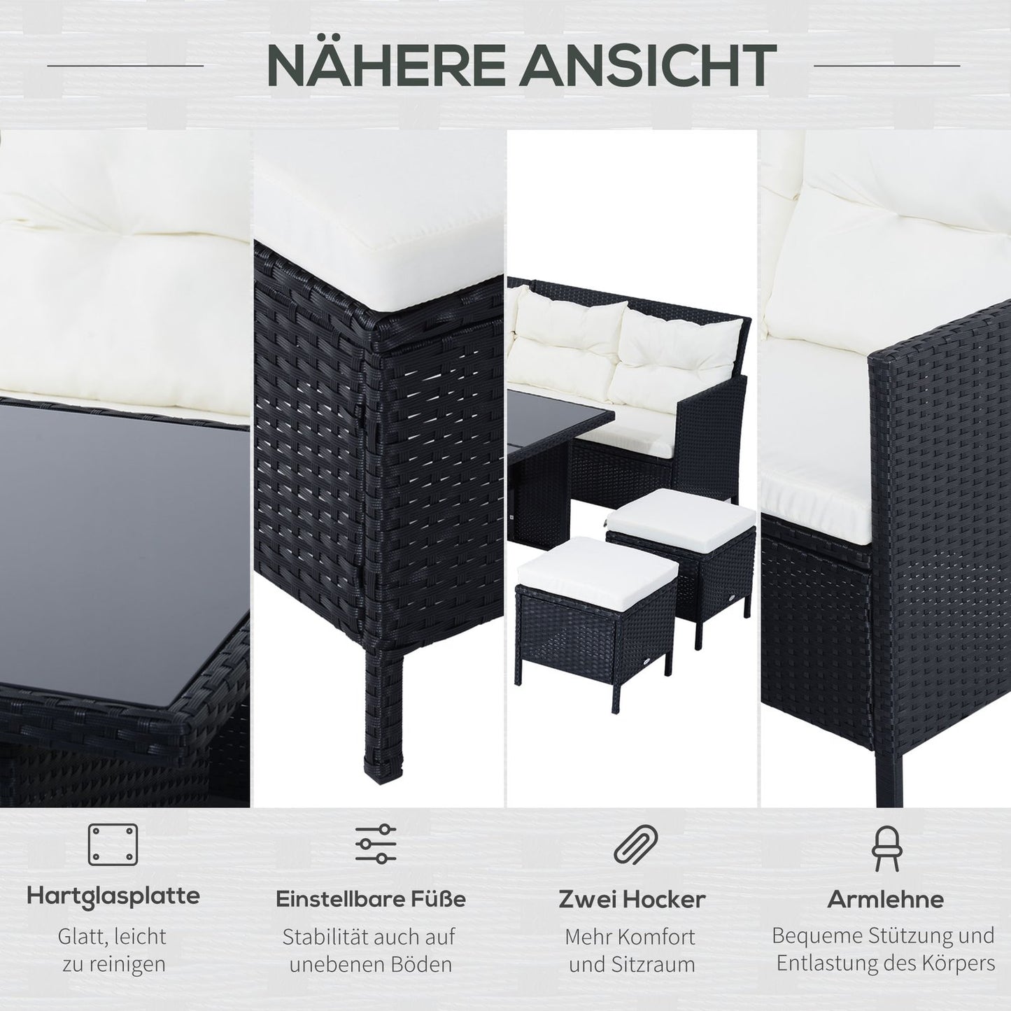 Outdoor sofa set, 7 seats, poly rattan, black/cream/white