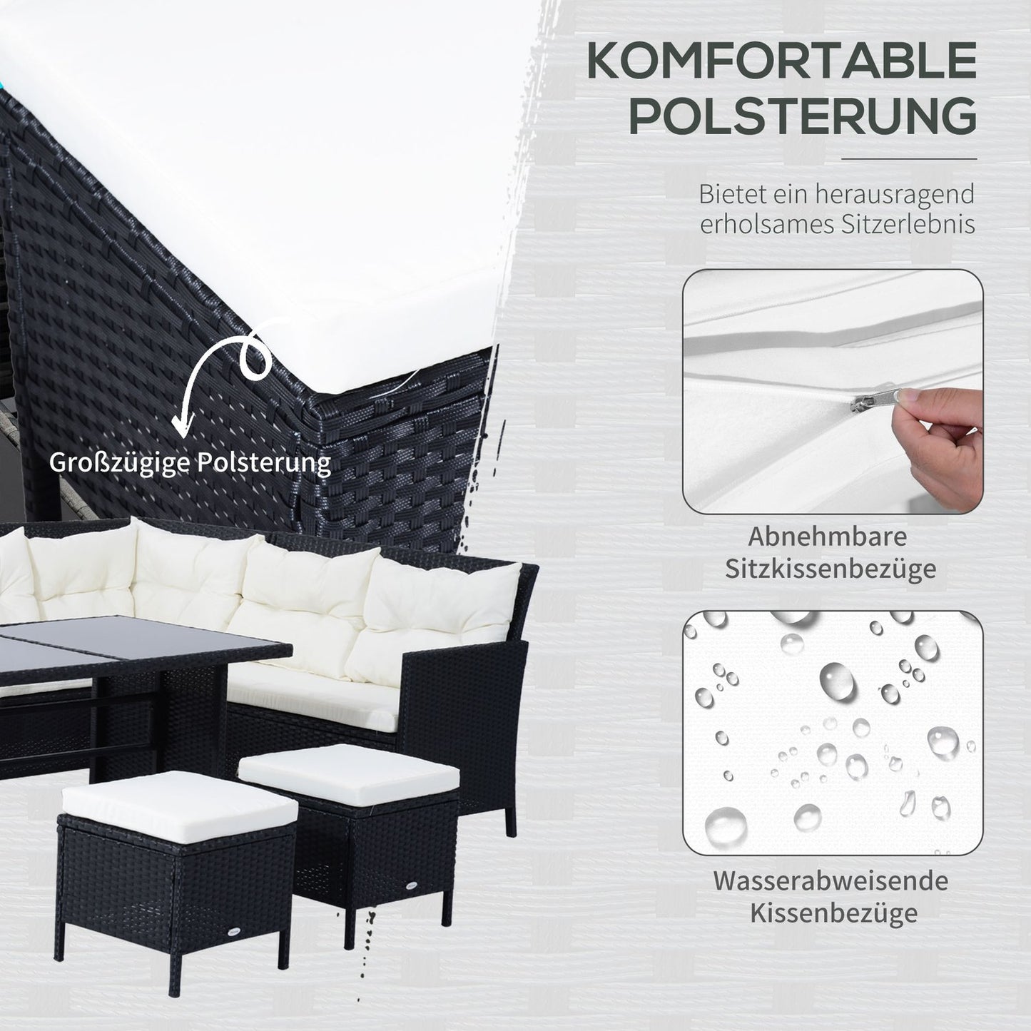 Outdoor sofa set, 7 seats, poly rattan, black/cream/white