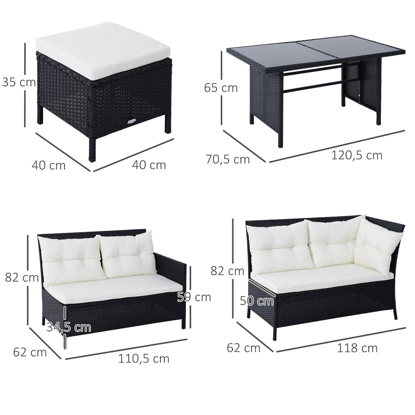 Outdoor sofa set, 7 seats, poly rattan, black/cream/white