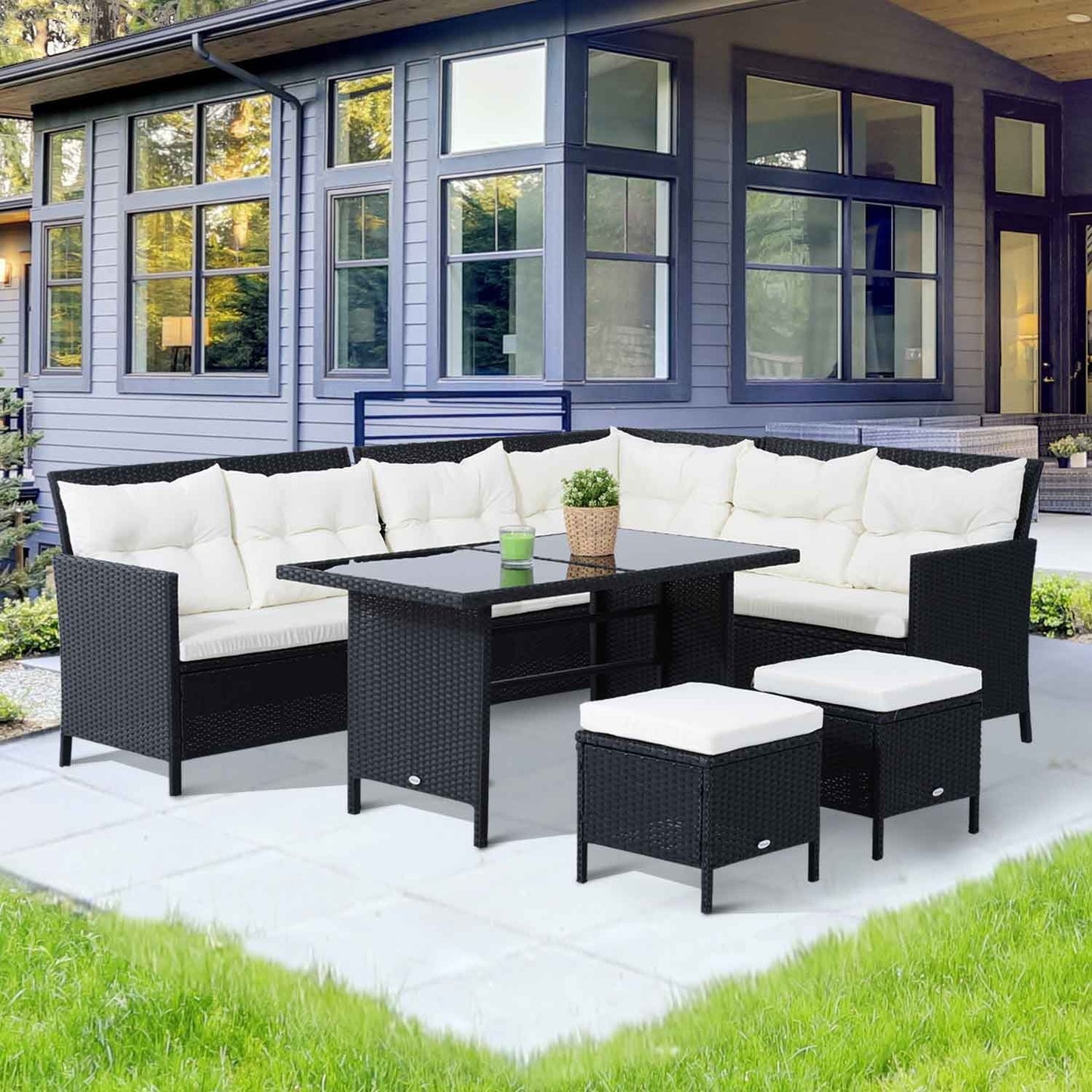 Outdoor sofa set, 7 seats, poly rattan, black/cream/white
