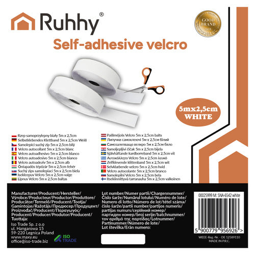 Self-Adhesive Velcro Strip, White, 5m x 2.5cm