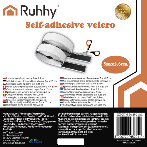 Self-Adhesive Velcro Tape, Black, 5m x 2.5cm