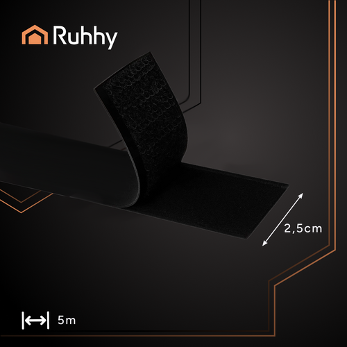 Self-Adhesive Velcro Tape, Black, 5m x 2.5cm