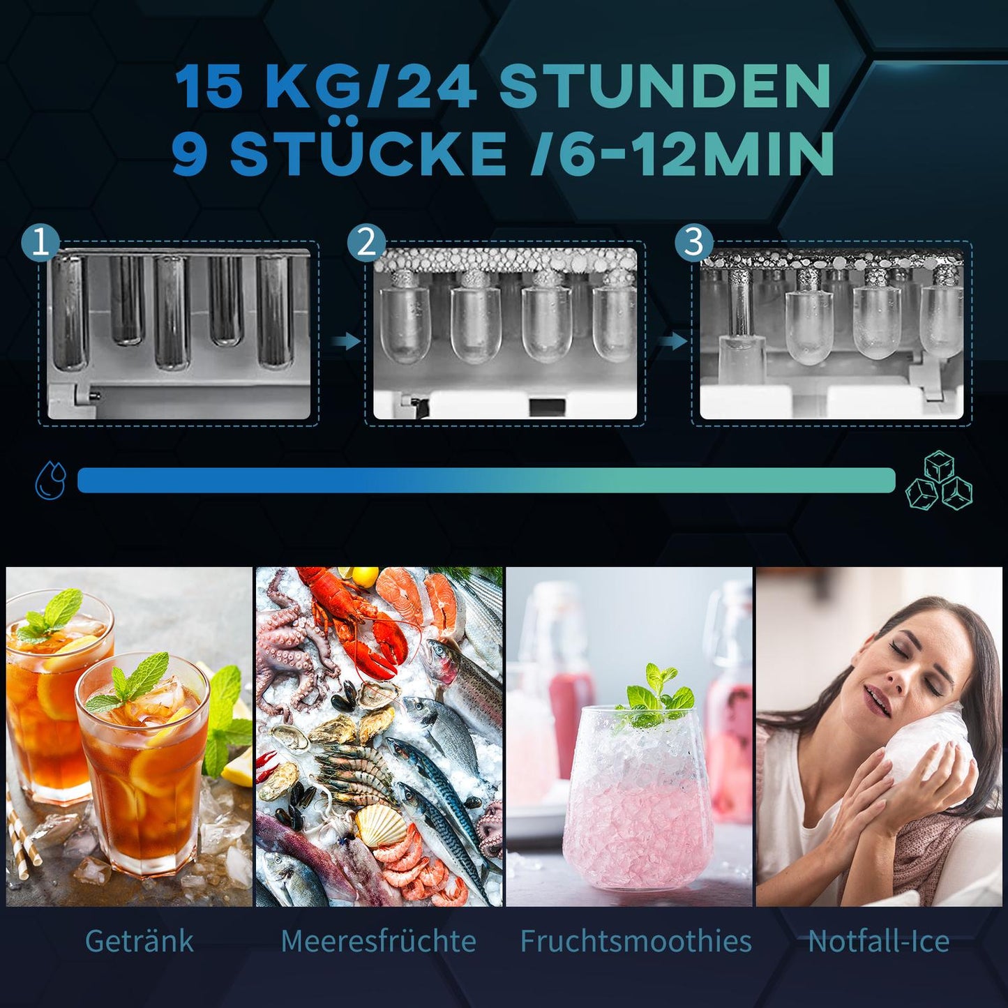 Self-cleaning ice machine, 15 kg/24h, 2 ice sizes, scoop included
