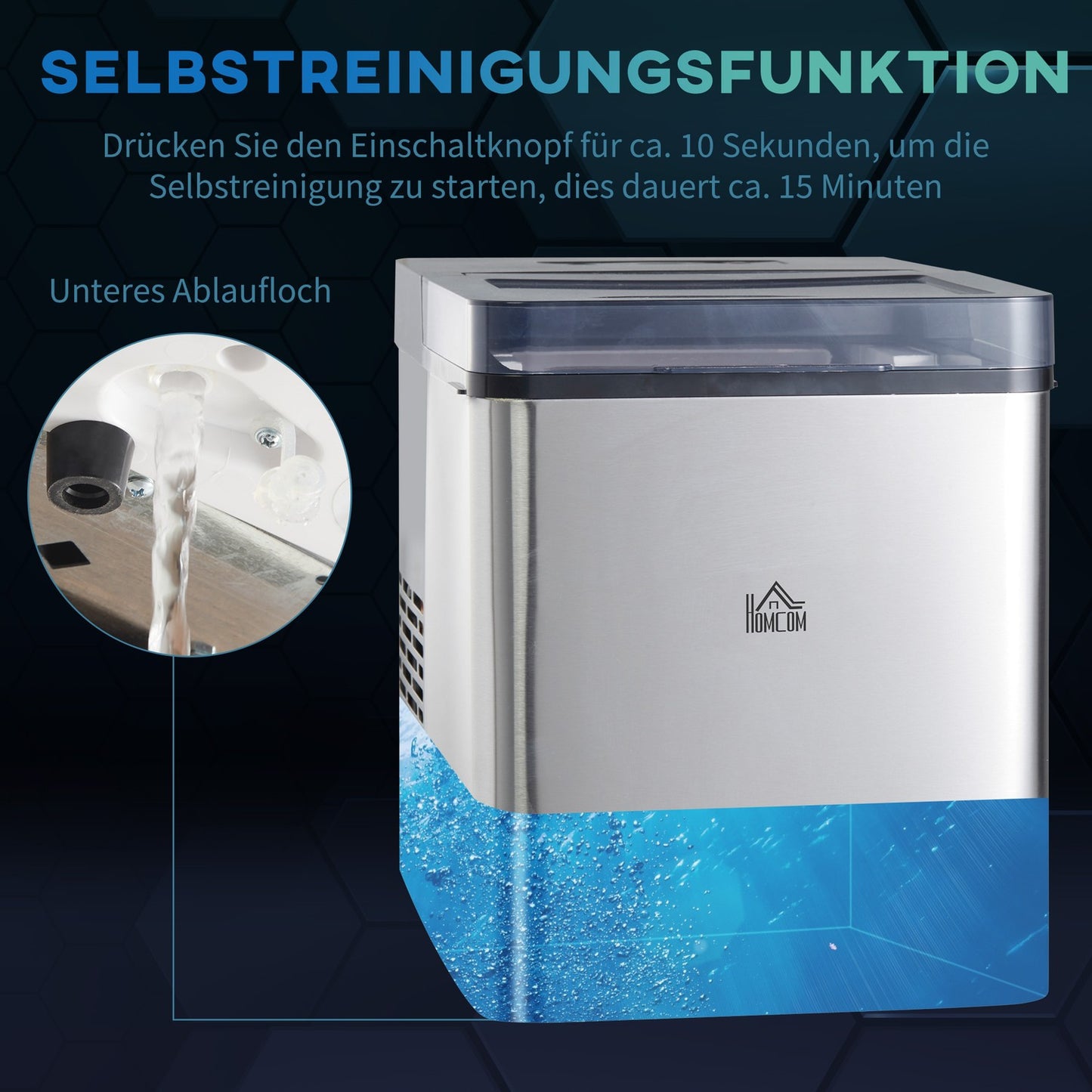 Self-cleaning ice machine, 15 kg/24h, 2 ice sizes, scoop included