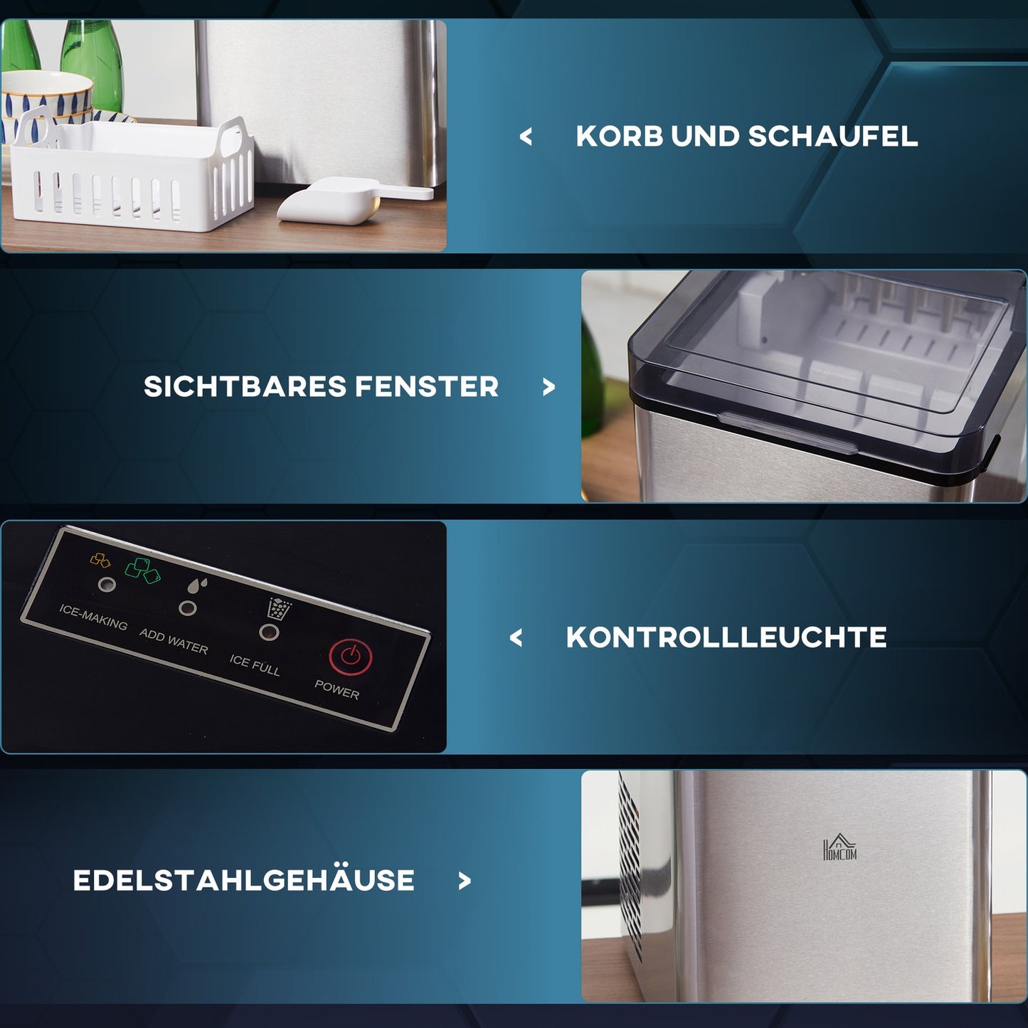 Self-cleaning ice machine, 15 kg/24h, 2 ice sizes, scoop included