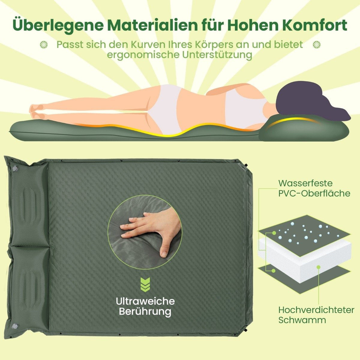 Self-Inflating Camping Mat Comfortable Outdoor Sleeping Mat 186 x 130 x 4cm Green