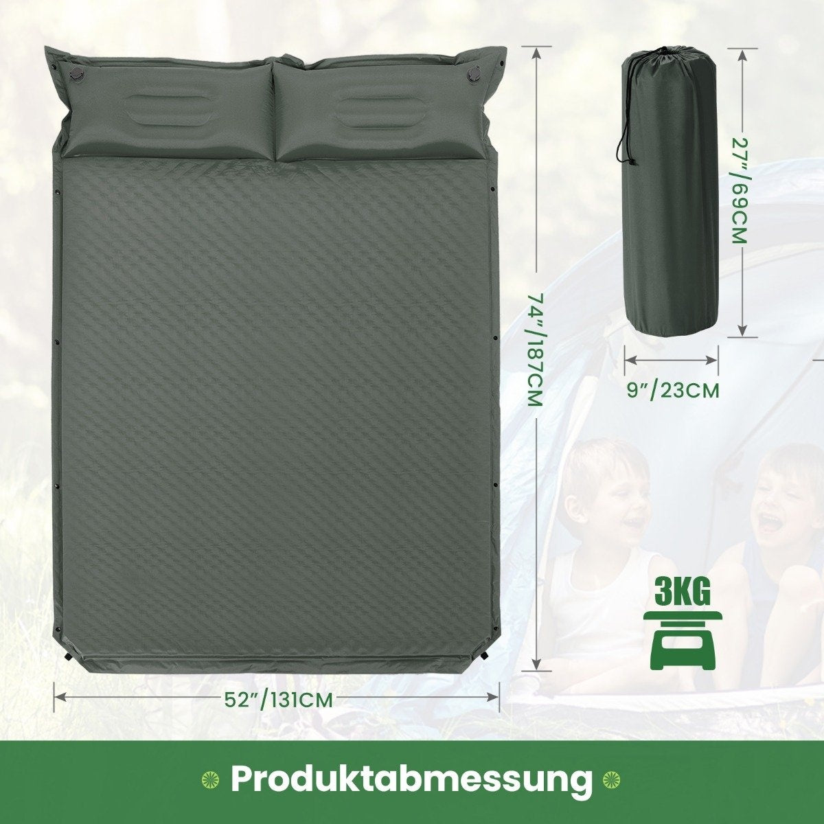 Self-Inflating Camping Mat Comfortable Outdoor Sleeping Mat 186 x 130 x 4cm Green