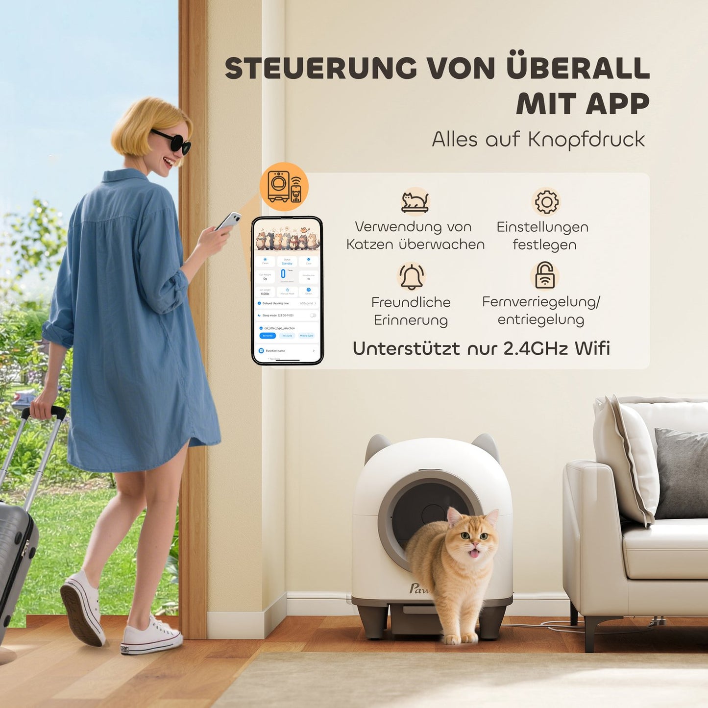 Self-Cleaning Cat Litter Box with App Control, 80L Capacity