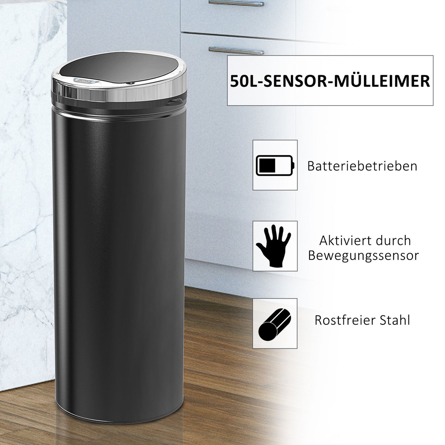 Automatic sensor waste bin, 50L, black stainless steel