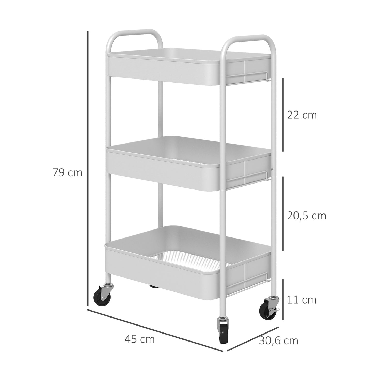 3-level serving trolley in steel for kitchen, white