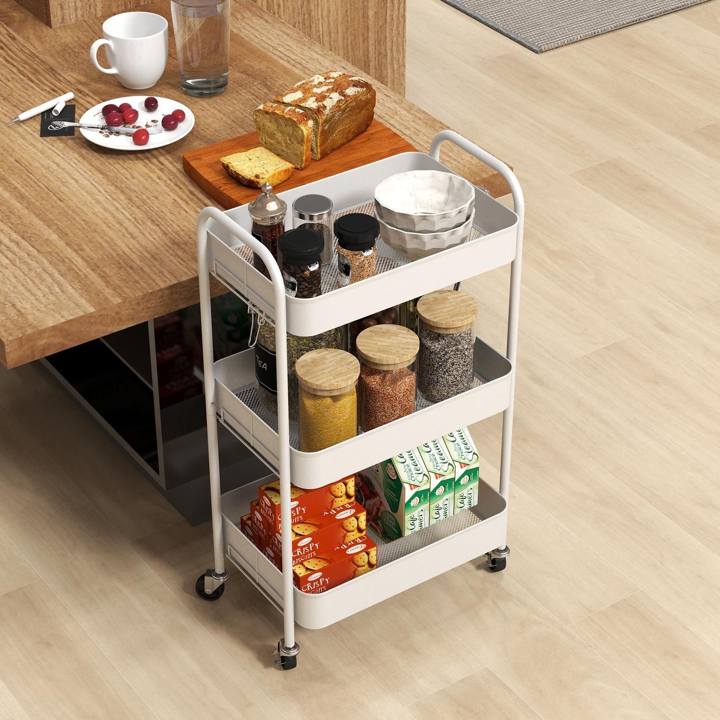3-level serving trolley in steel for kitchen, white
