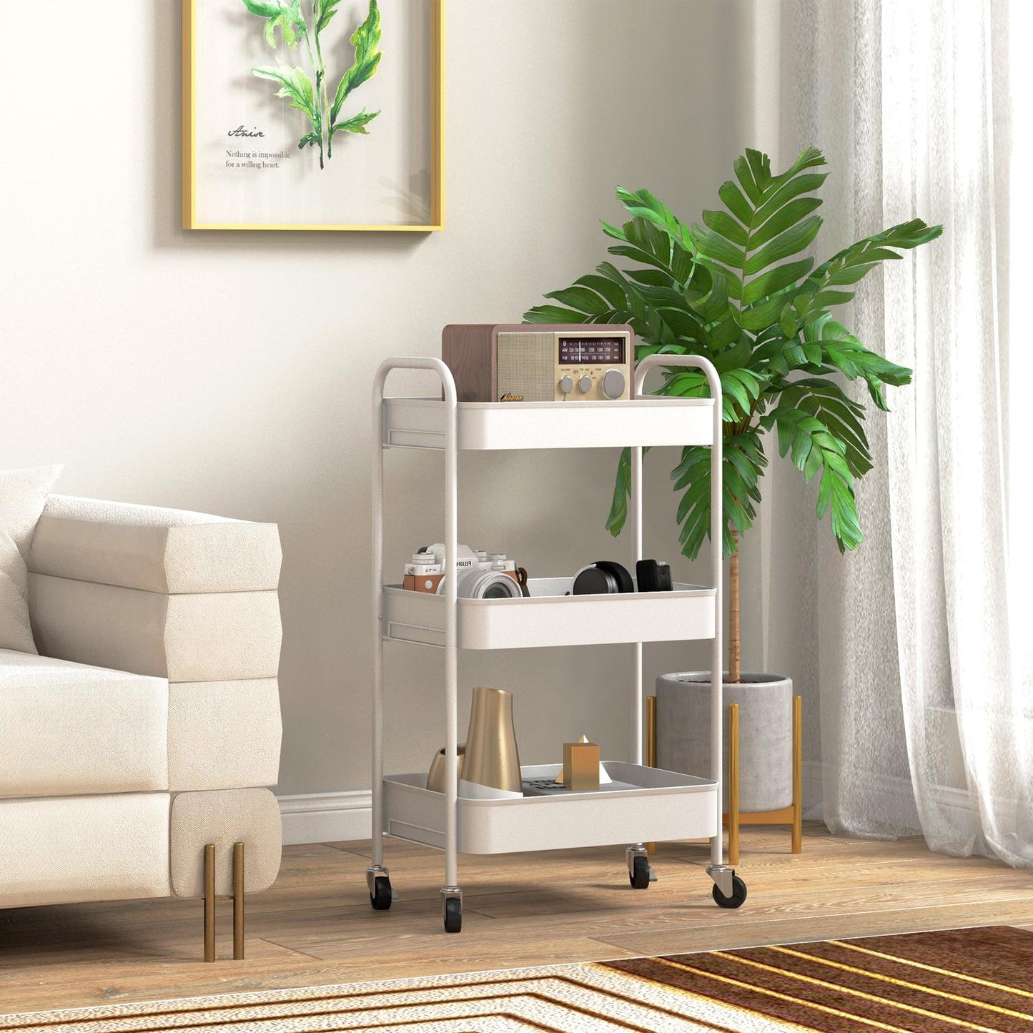 3-level serving trolley in steel for kitchen, white
