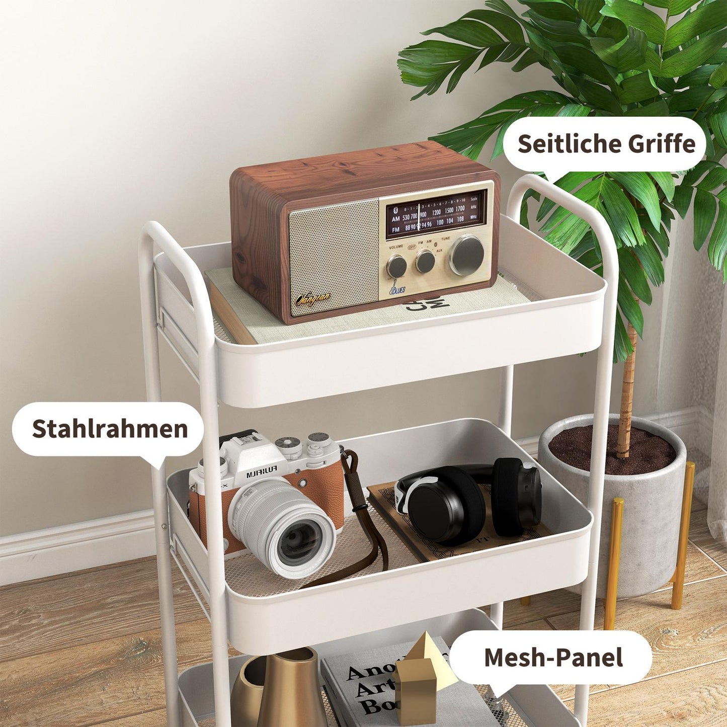 3-level serving trolley in steel for kitchen, white