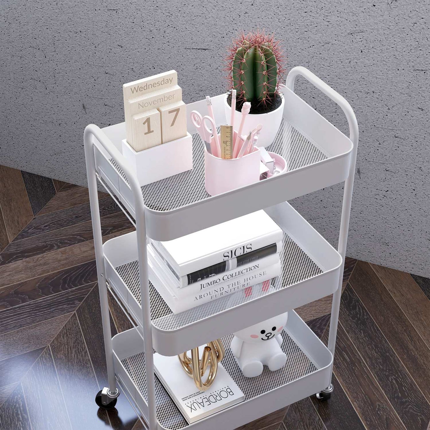 3-level serving trolley in steel for kitchen, white