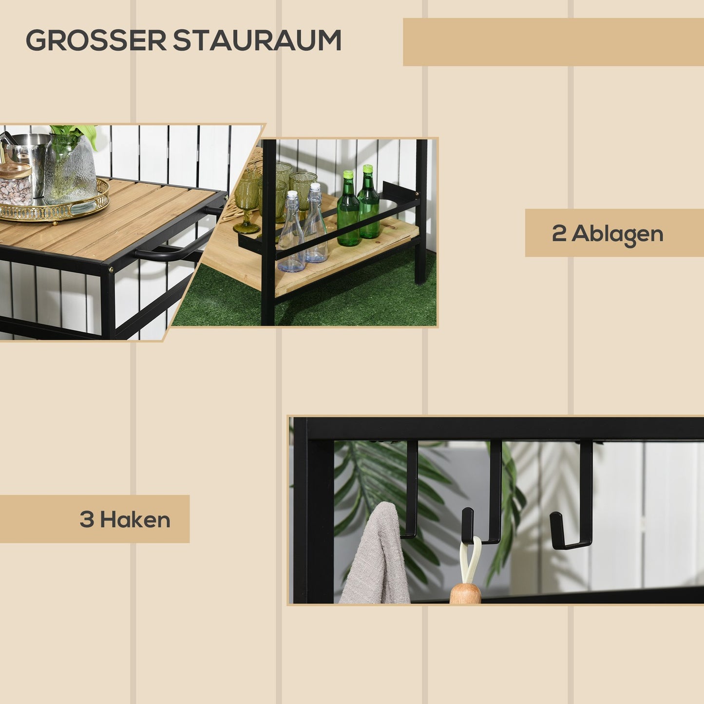 Outdoor trolley with shelves and hooks - 107 x 65 x 80 cm