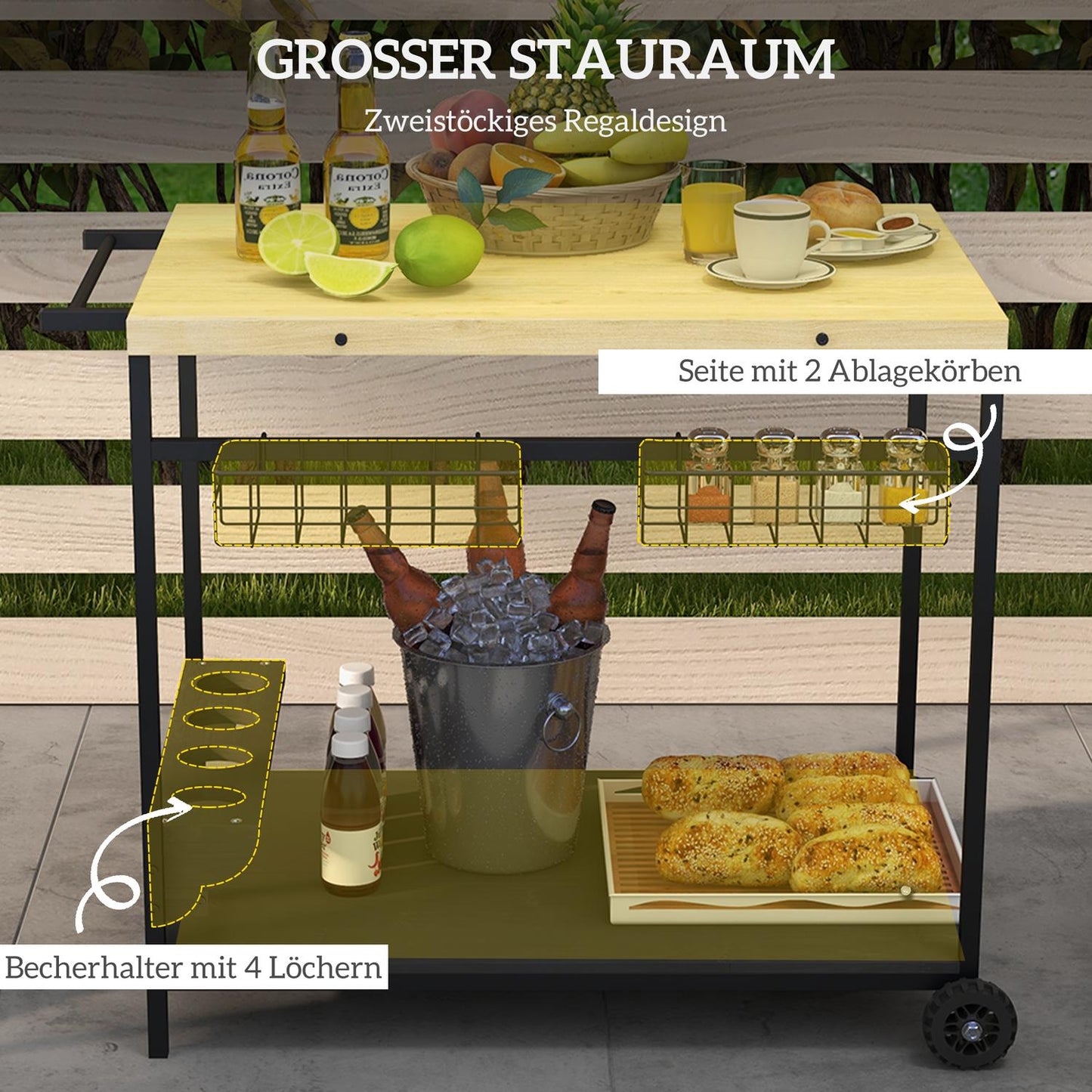 Outdoor garden cart - 2 tiers, fir wood, storage basket