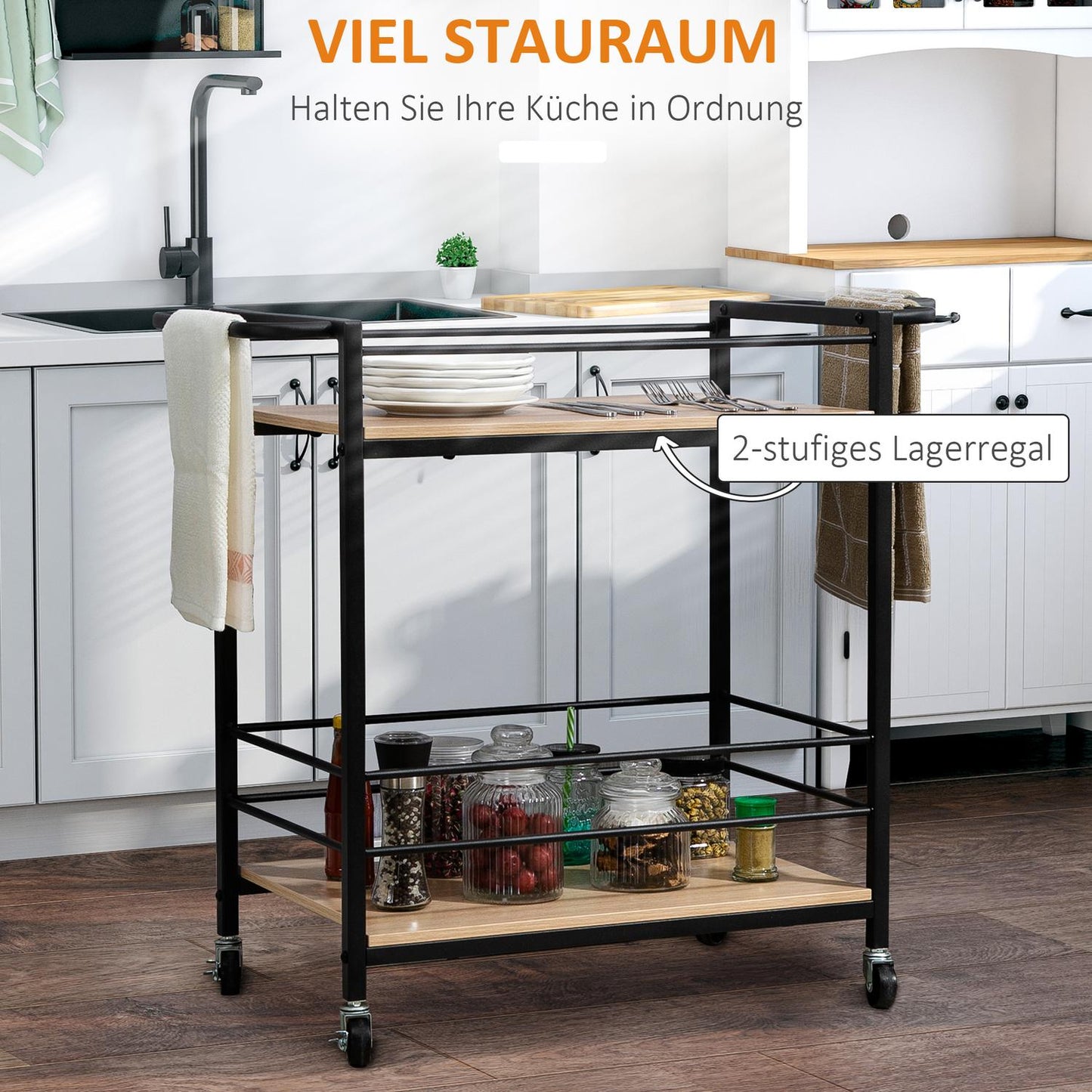 Kitchen serving trolley, 2-story, wheels with brakes, 60 kg capacity