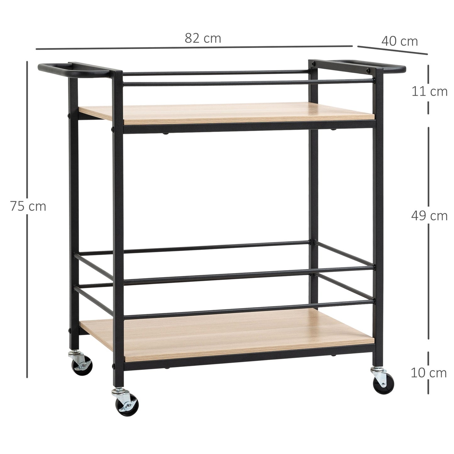 Kitchen serving trolley, 2-story, wheels with brakes, 60 kg capacity