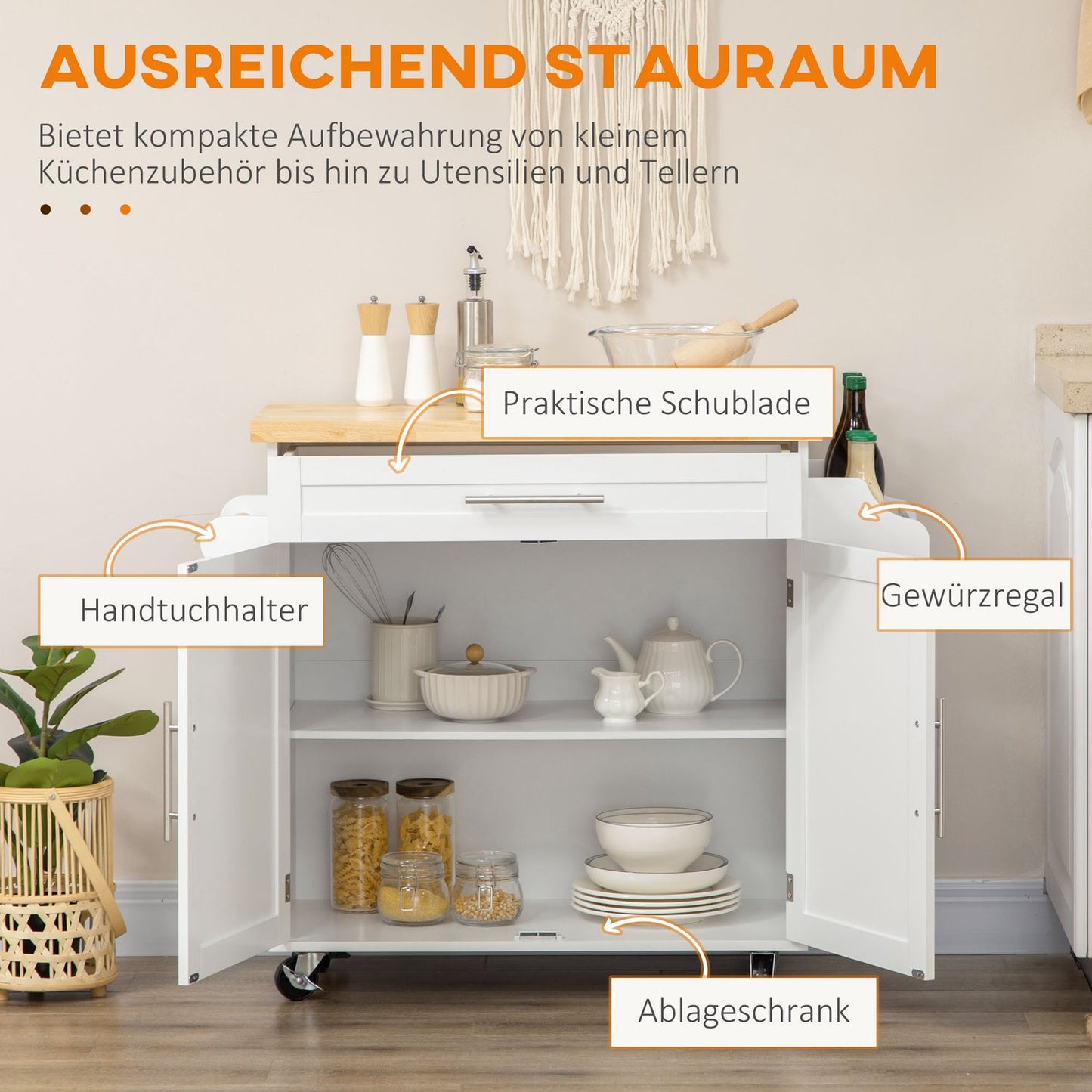 Kitchen trolley with worktop, spice rack & towel holder