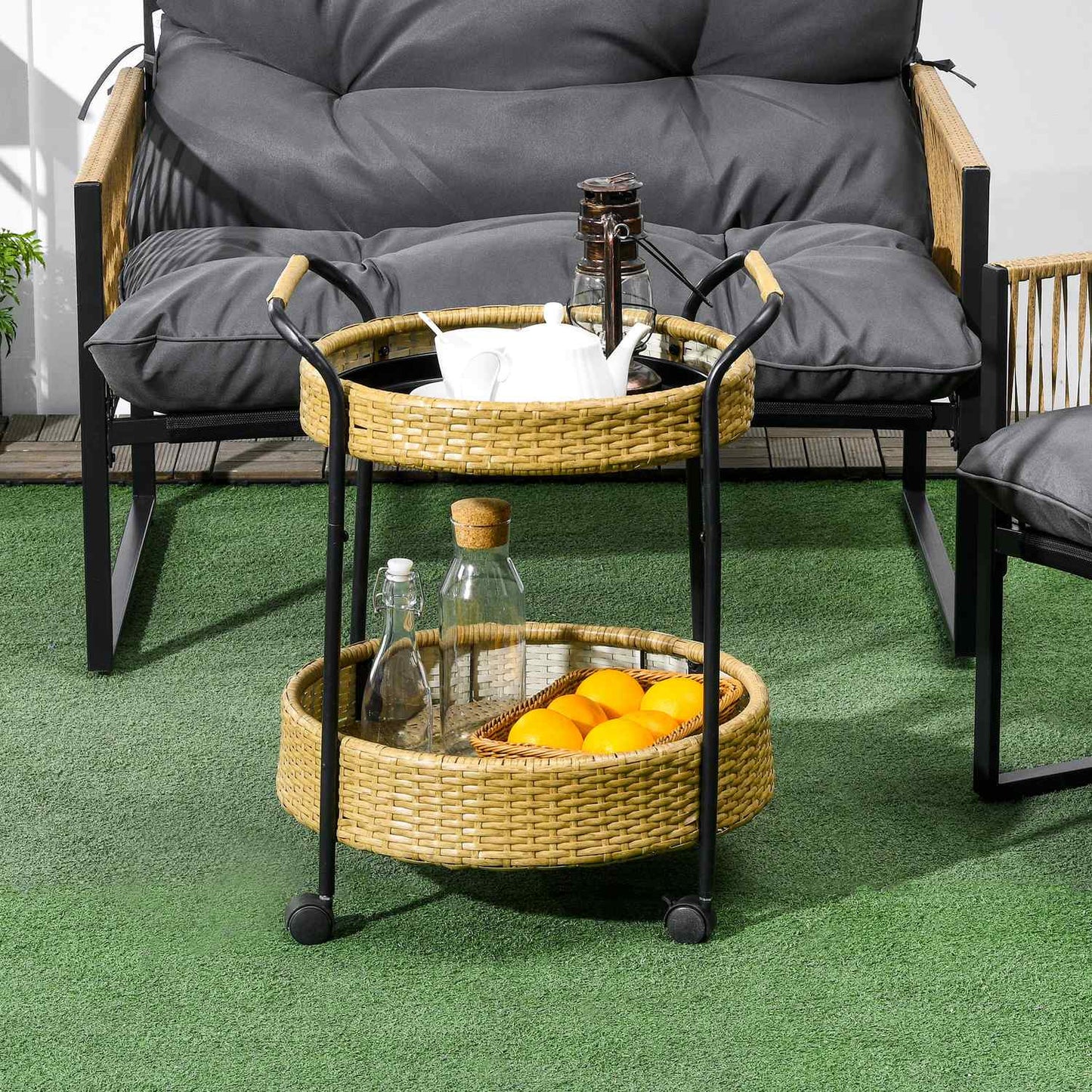 Outdoor rattan cart with shelves and steel frame