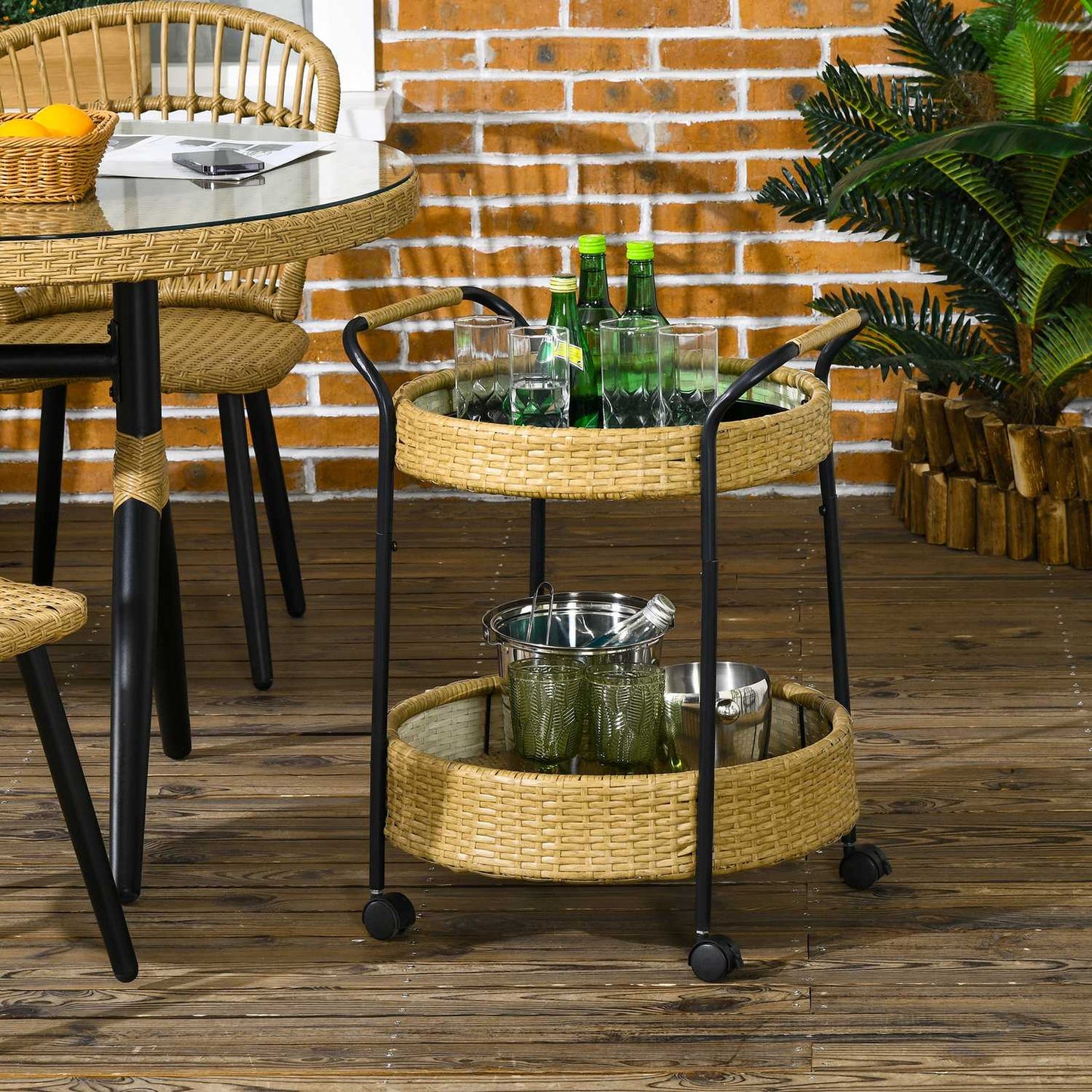Outdoor rattan cart with shelves and steel frame