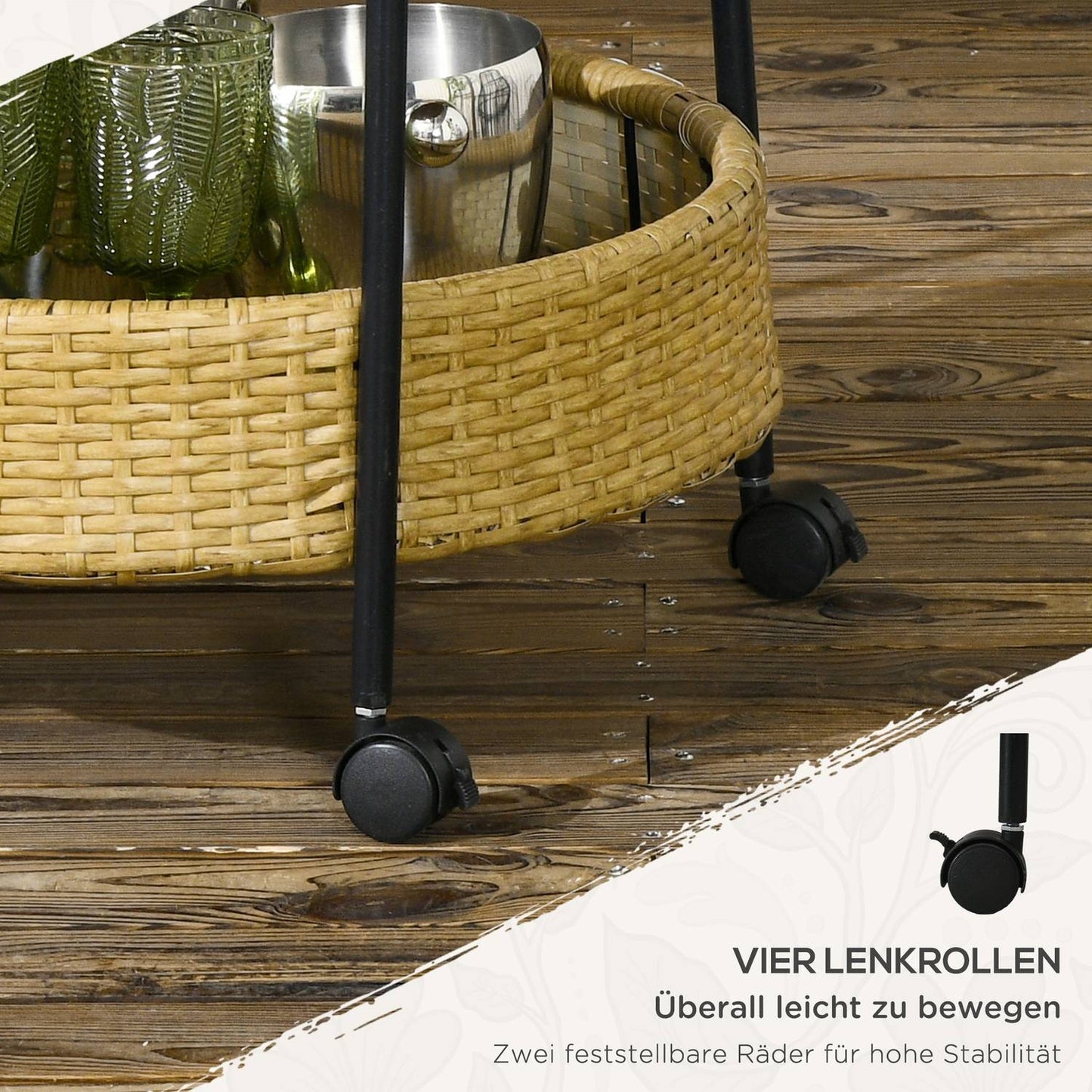 Outdoor rattan cart with shelves and steel frame