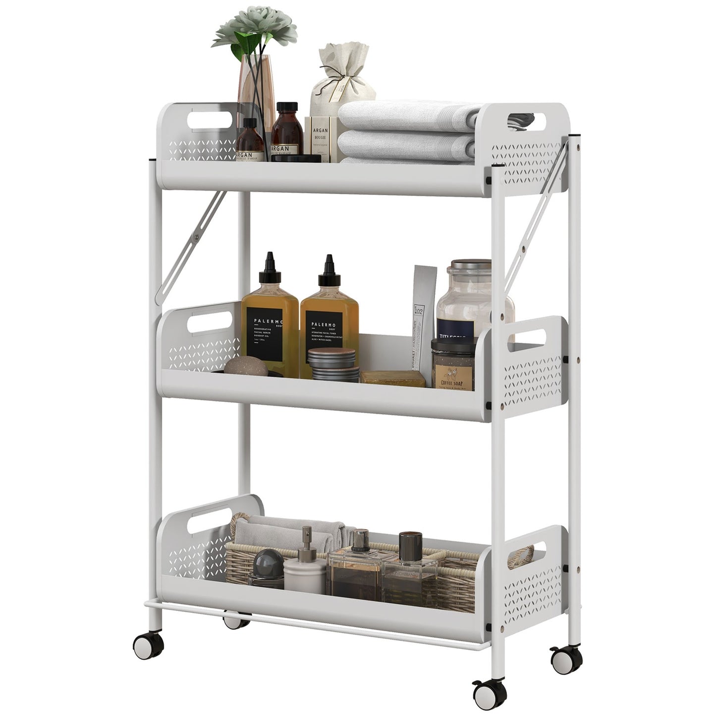 Folding 3-level serving trolley in steel with net baskets