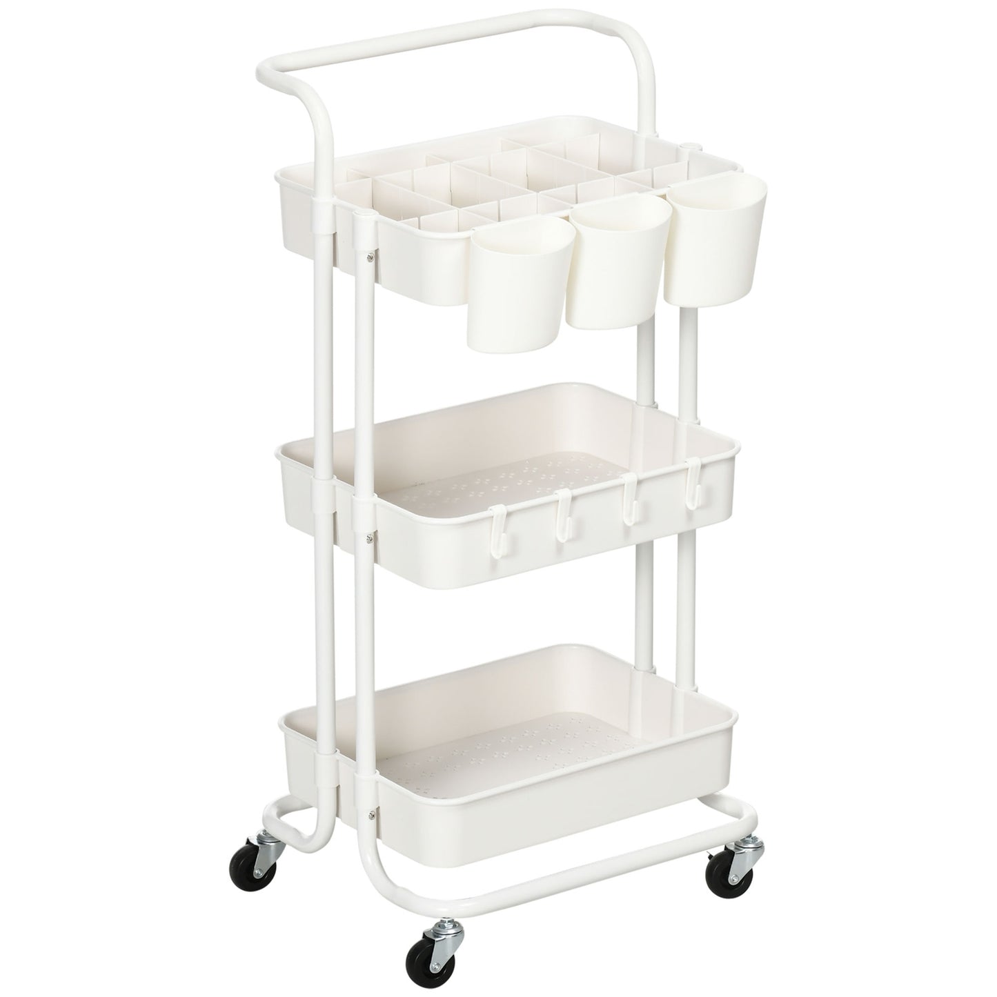 3-level kitchen trolley in steel with baskets and hooks, white