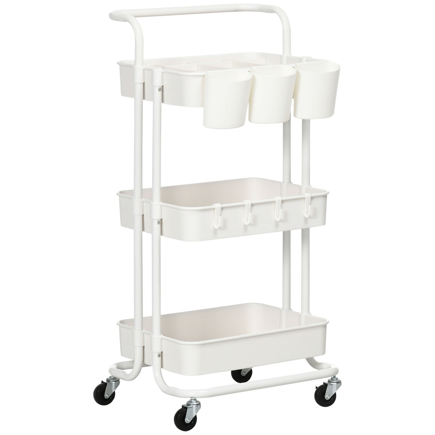 3-level kitchen trolley in steel with baskets and hooks, white