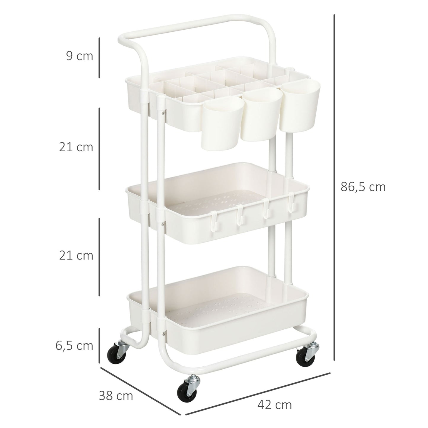 3-level kitchen trolley in steel with baskets and hooks, white