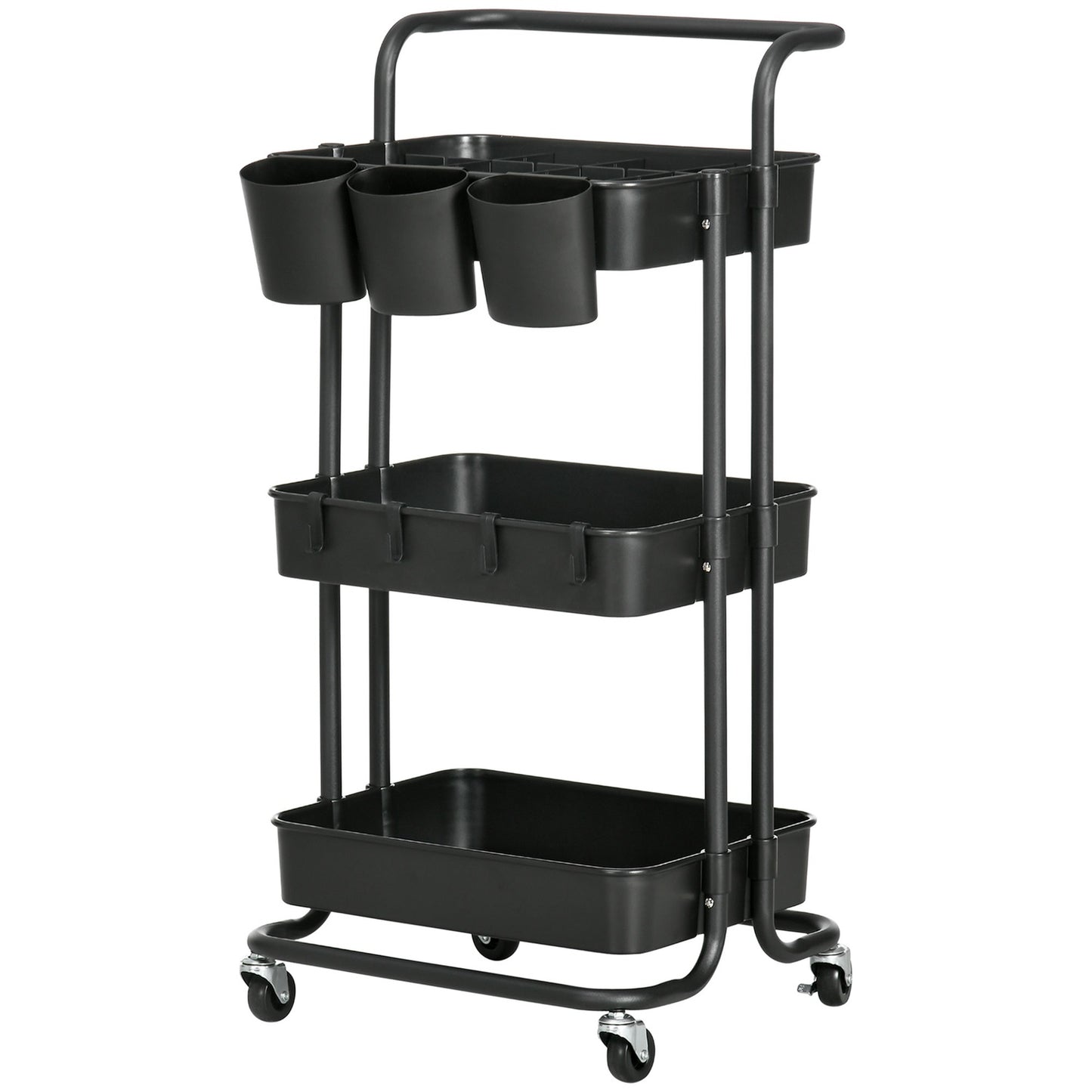 3-level serving trolley in steel with baskets and hooks